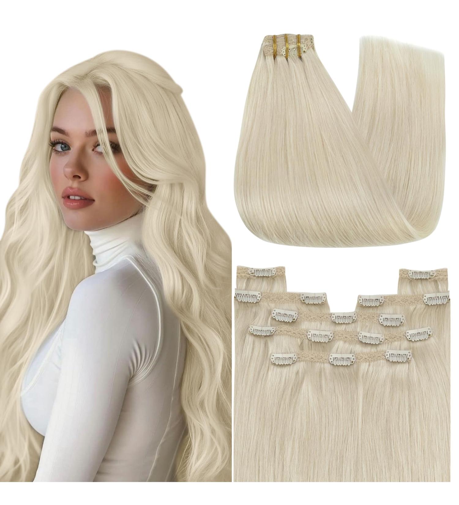 Youngsee Platinum Blonde Clip-In Extensions | 35cm Real Remy Hair | 120g | #60A (7PCs) - Premium Quality Hair Extensions - Buy Online on SooperMarket.com