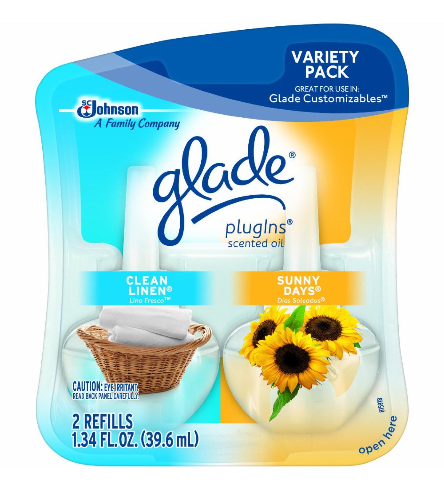 Glade PlugIns Scented Oil Air Freshener Refill Clean Linen & Sunny Days 2 refills 1.34 oz