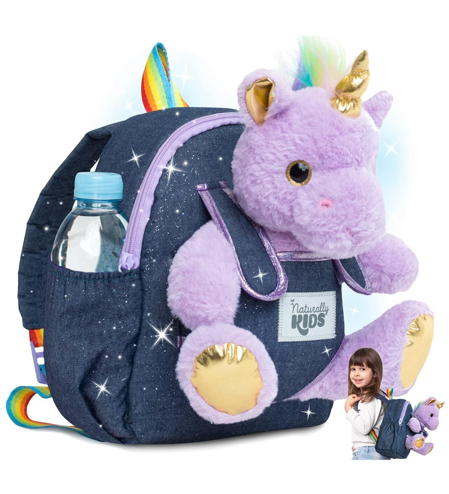 Naturally KIDS Small Unicorn Backpack for 3-4 Year Old Girls - Purple Toddler Backpack with Stuffed Animal - Perfect Gift for Girls - Includes Pockets & Reflective Logo - Buy Online on SooperMarket.com