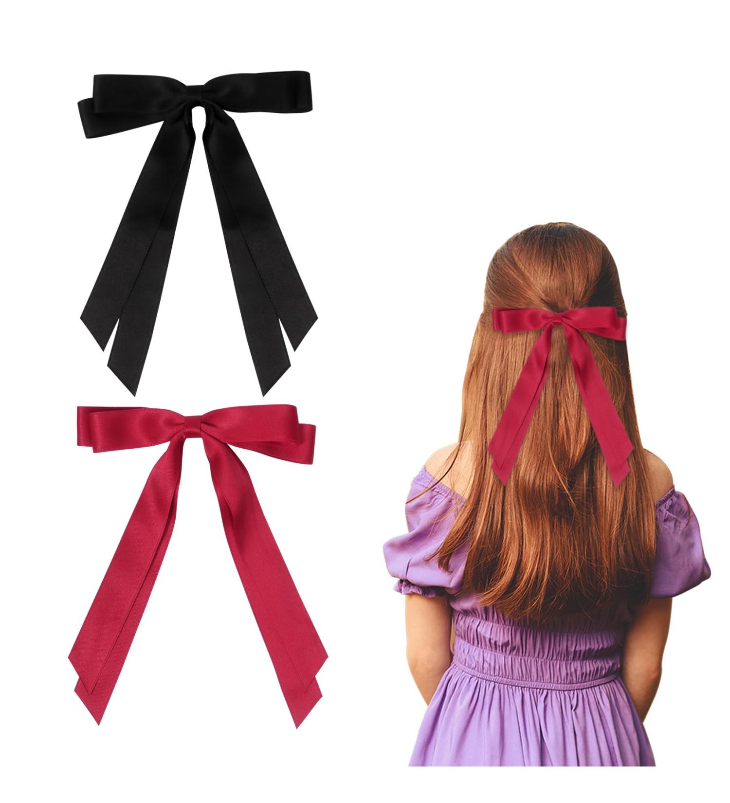 2 Pack Hair Bows for Women Black Bow Hair Clips French Barrette with Long Silky Satin Hair Ribbons for Women Girls(Black Red) - Buy Online on SooperMarket.com
