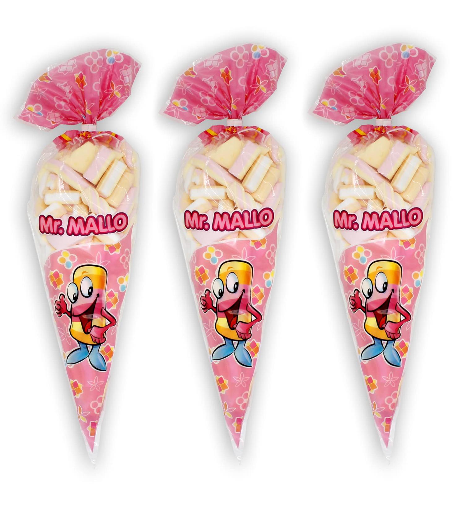Mr. Mallo Marshmallow Pointed Bag | Colorful Foam Sugar Mix for Birthdays & Carnival Parties | Practical Clip Closure (3x250g) - Buy Online on SooperMarket.com
