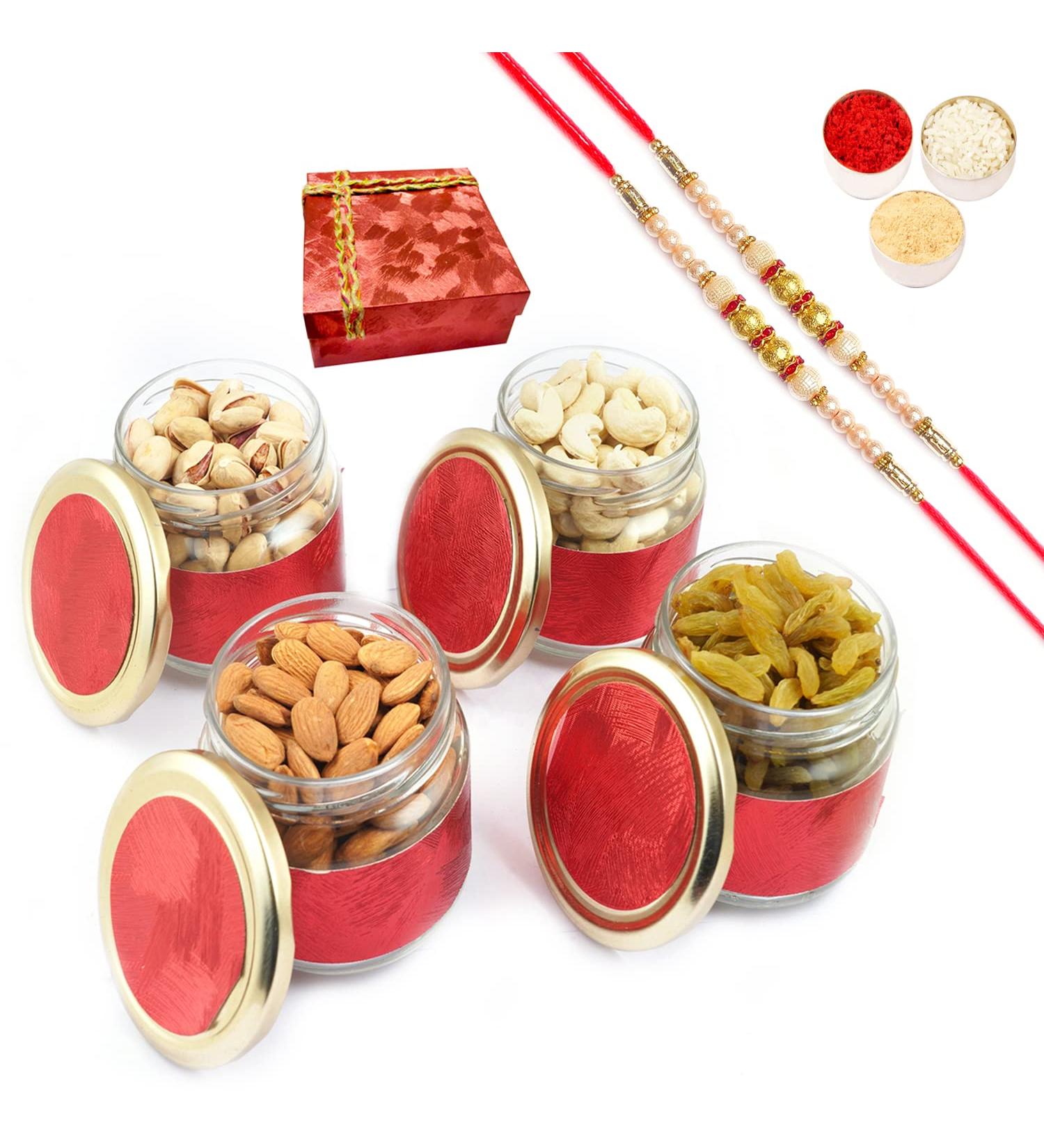Ghasitaram Gifts Rakhi Gifts for Brothers Dryfruit - Red 4 Jars Dryfruit Box with 2 Pearl Rakhis - Buy Online on SooperMarket.com