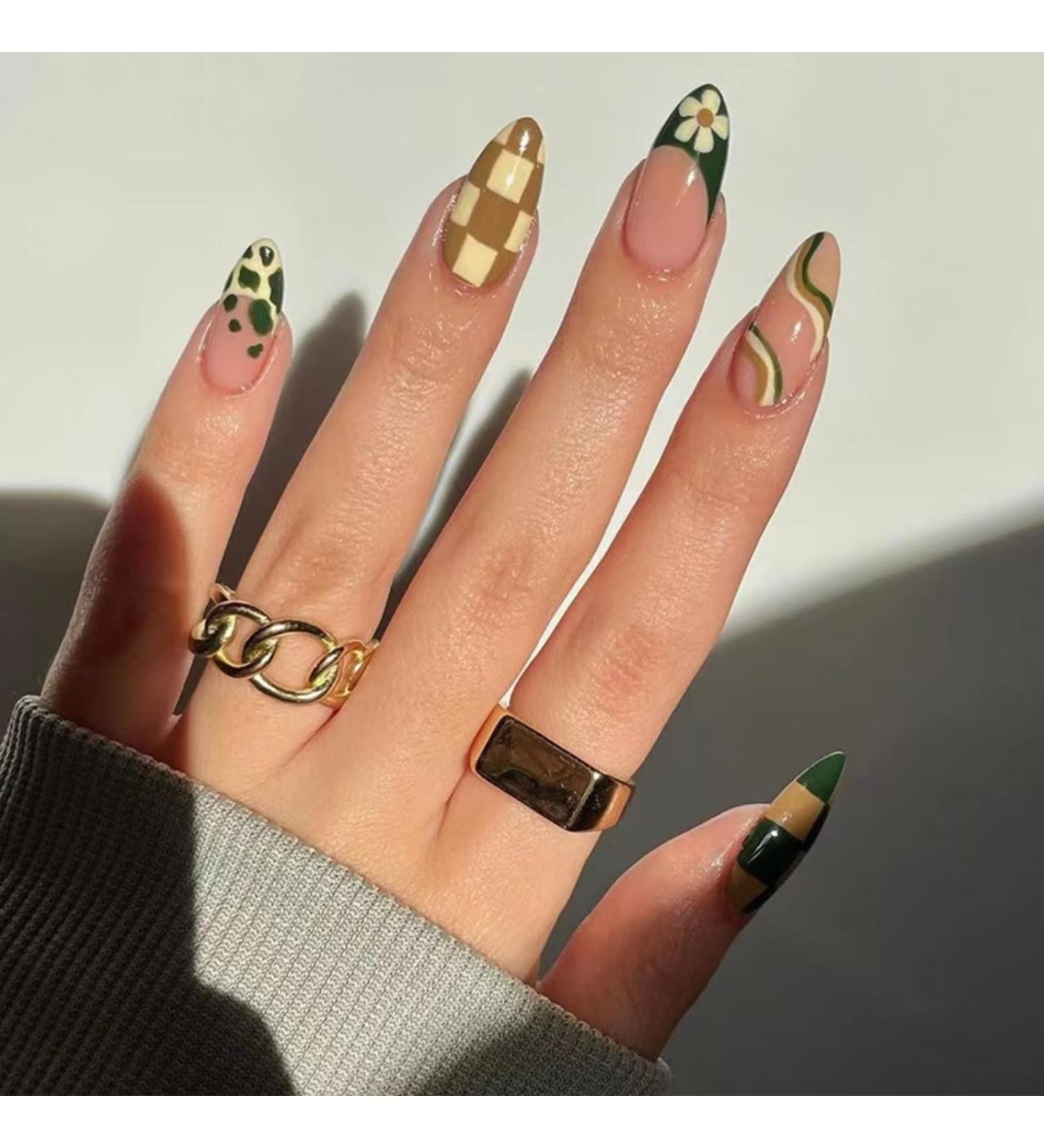 Dark Green Checkerboard & Swirl Oval Press on Nails Set - 24Pcs Acrylic False Fingers for Women Girls - Buy Online on SooperMarket.com