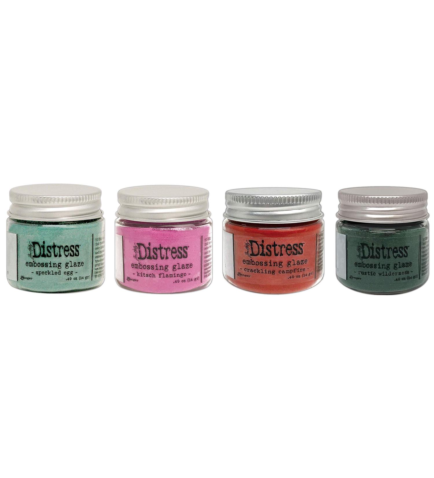 Tim Holtz Distress Embossing Glazes Bundle - Speckled Egg, Kitsch Flamingo, Crackling Campfire, Rustic Wilderness | 4 Item Set - Buy Online on SooperMarket.com
