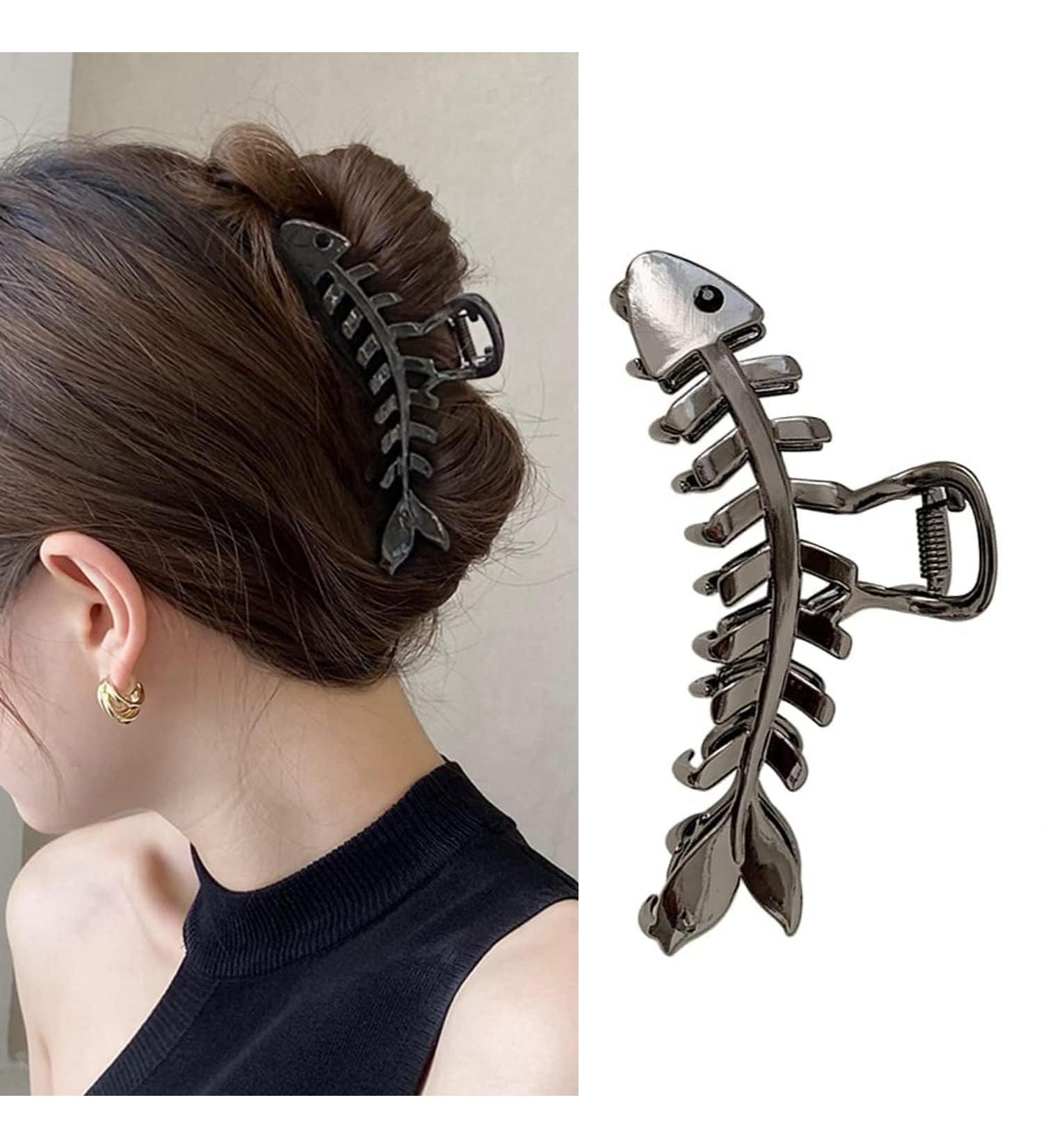 Gunmetal Fishbone Metal Hair Claw Clip - Elegant, Strong Hold for Thick/Thin Hair - Stylish Accessory for Women - Large Size - Buy Online on SooperMarket.com