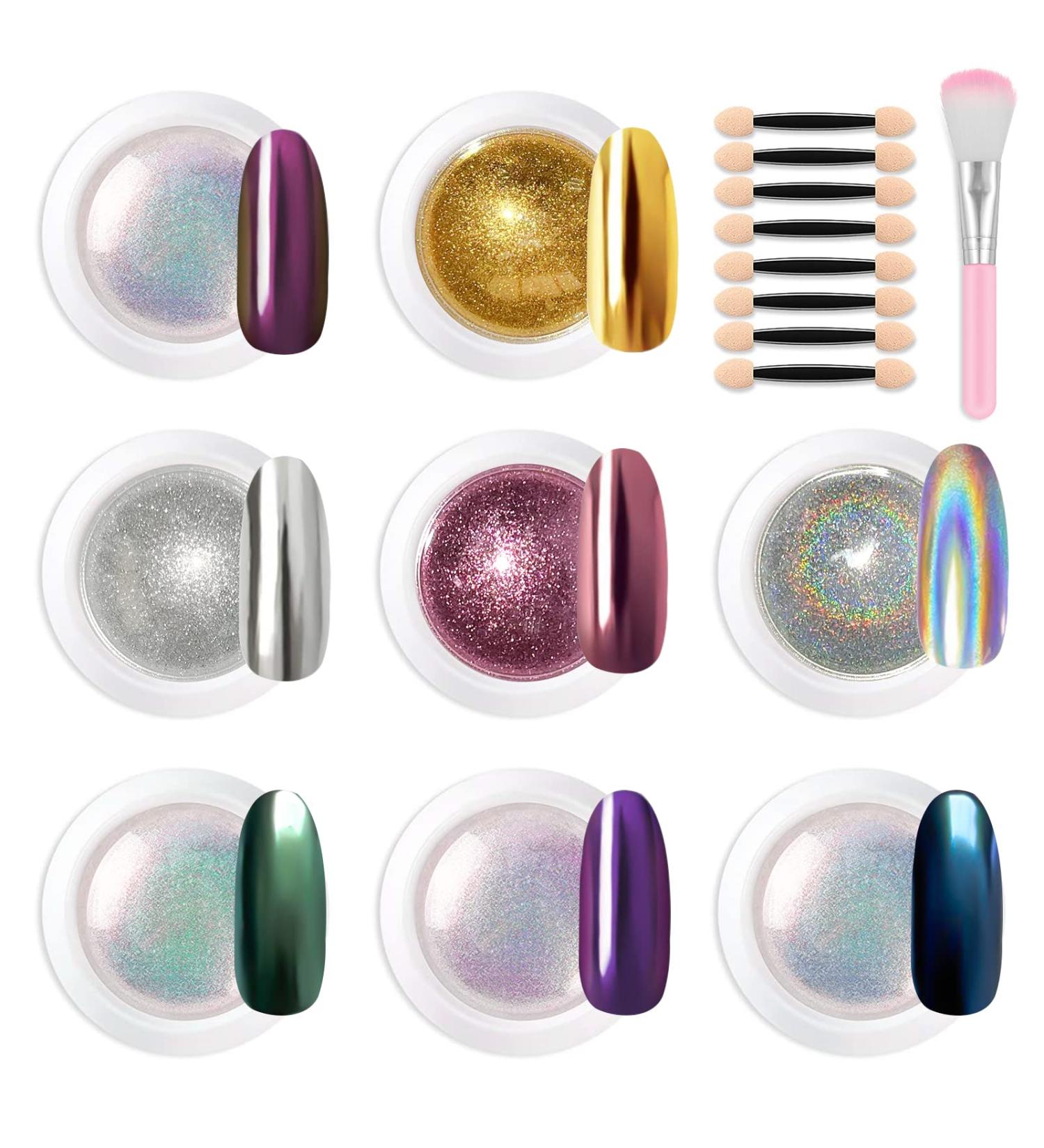 Lofuanna Chrome Nail Powder Set - 8 Colors Mirror Effect Holographic Pearl Iridescent Glitter Manicure Kit | Nail Art Deco with Eyeshadow Sticks and Dust Brush - 1g/0.5g Jar - Buy Online on SooperMarket.com