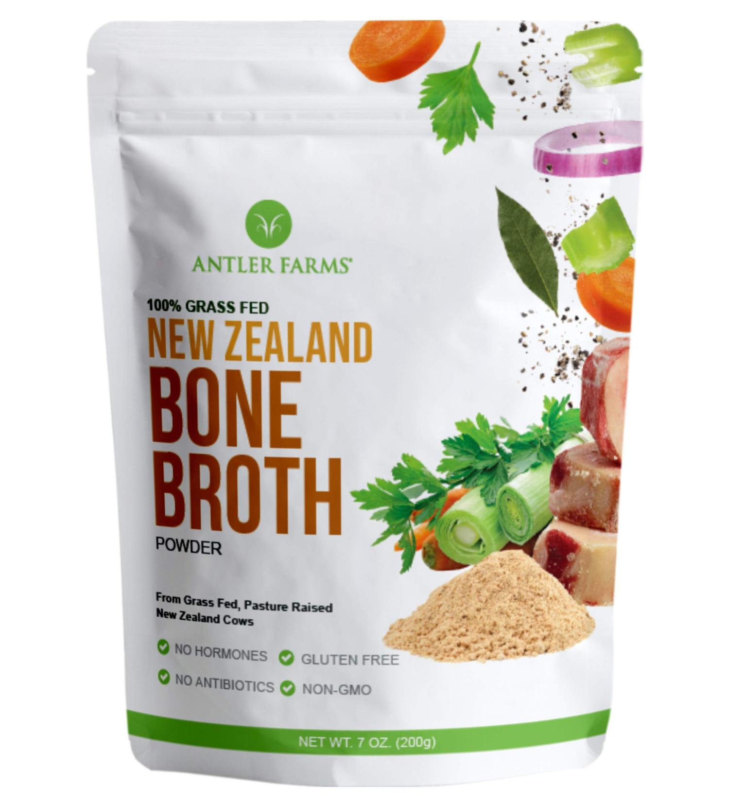 Antler Farms 100% Grass Fed New Zealand Bone Broth Powder 200g - 40 Servings | Slow Cooked, Gently Dried, Light Flavor | No Hormones, Antibiotics, GMOs - Buy Online on SooperMarket.com