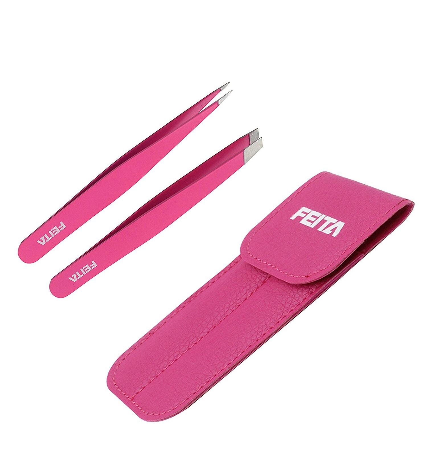 FEITA Professional Stainless Steel Eyebrow Tweezer Set - Slant & Pointed Precision Tweezers for Women - Facial Hair Removal Clip - Pink (2 Pcs) - Buy Online on SooperMarket.com