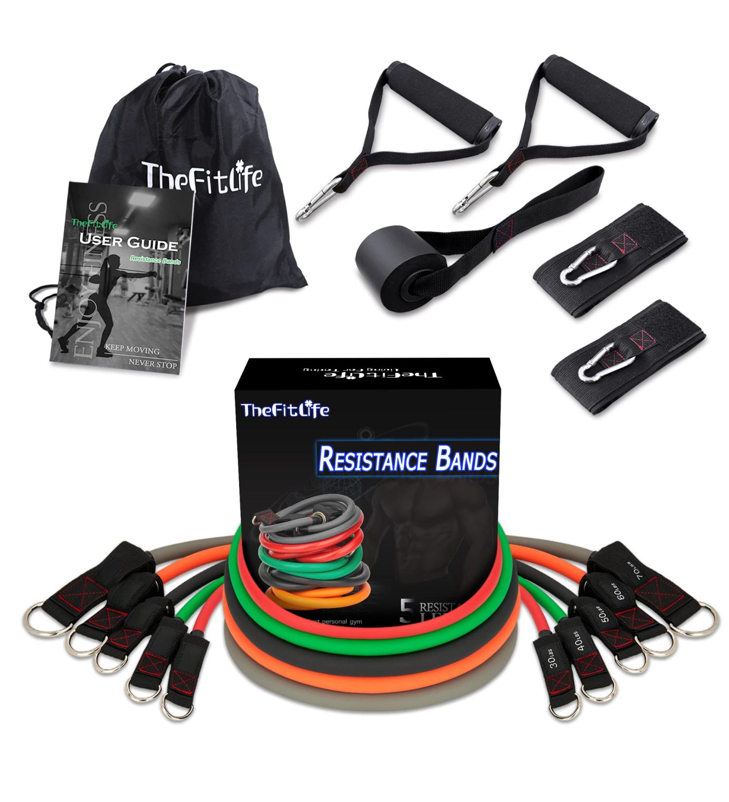 TheFitLife Exercise Resistance Bands with Handles - 5 Stackable Fitness Bands up to 300 lbs - Includes Handles, Ankle Straps, Door Anchor & Carry Bag - Buy Online on SooperMarket.com