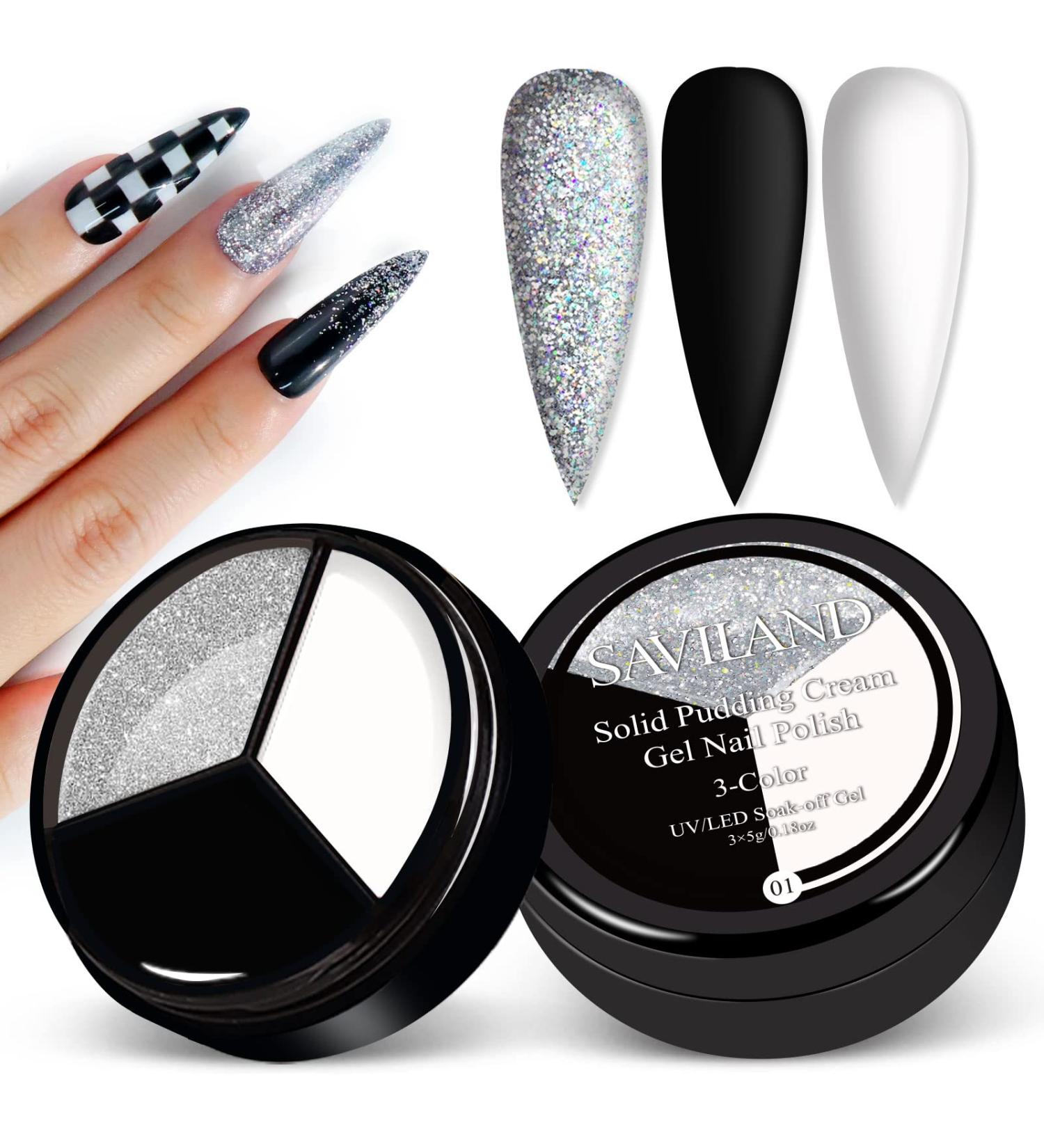 Saviland 3-in-1 Pudding Gel Nail Polish Set - Black, White, Silver | Nail Art Paint for Professional Salons & Starters - Buy Online on SooperMarket.com