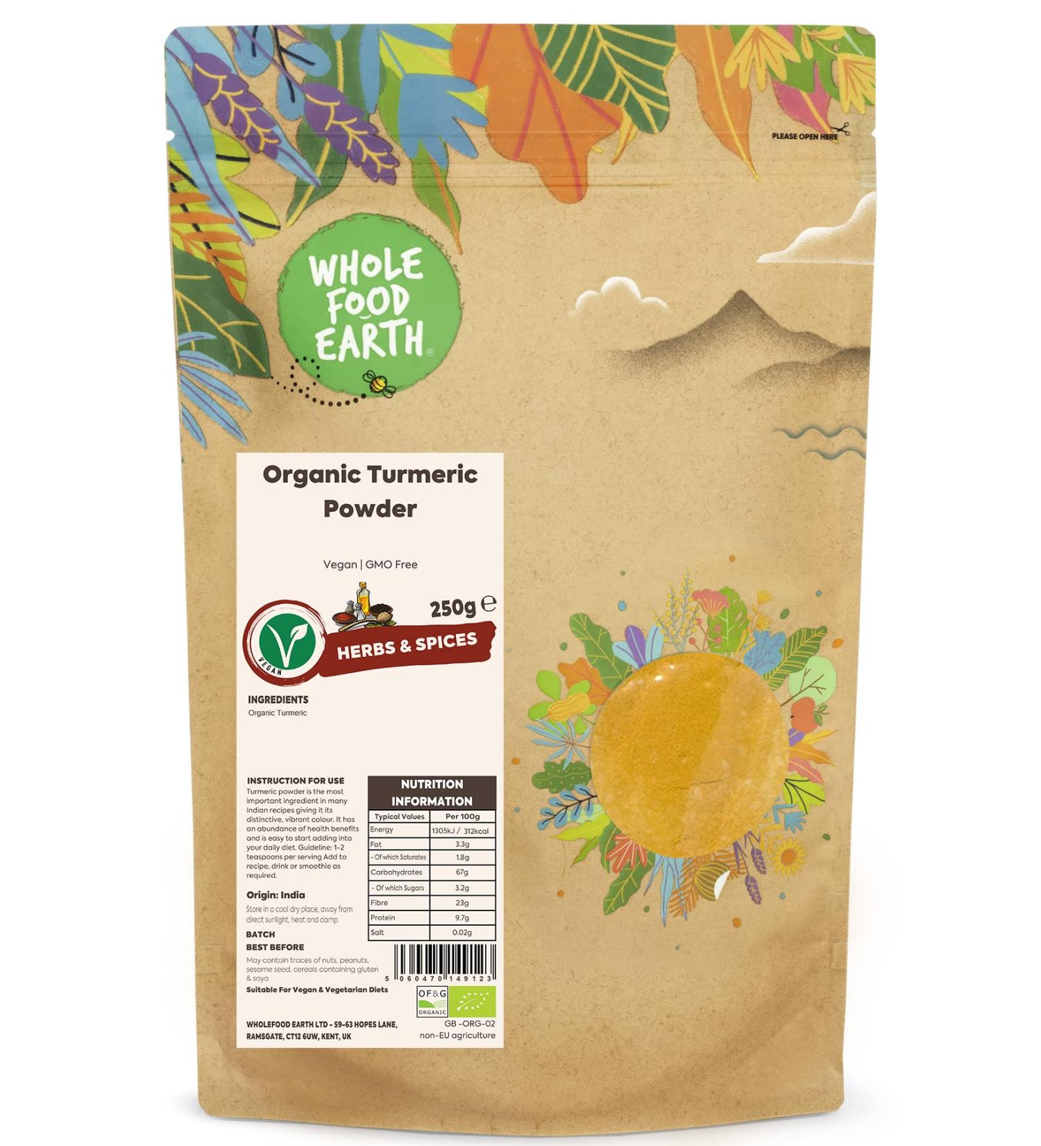 Wholefood Earth Organic Turmeric Powder 250g - Vegan, GMO Free & Certified Organic - Buy Online on SooperMarket.com