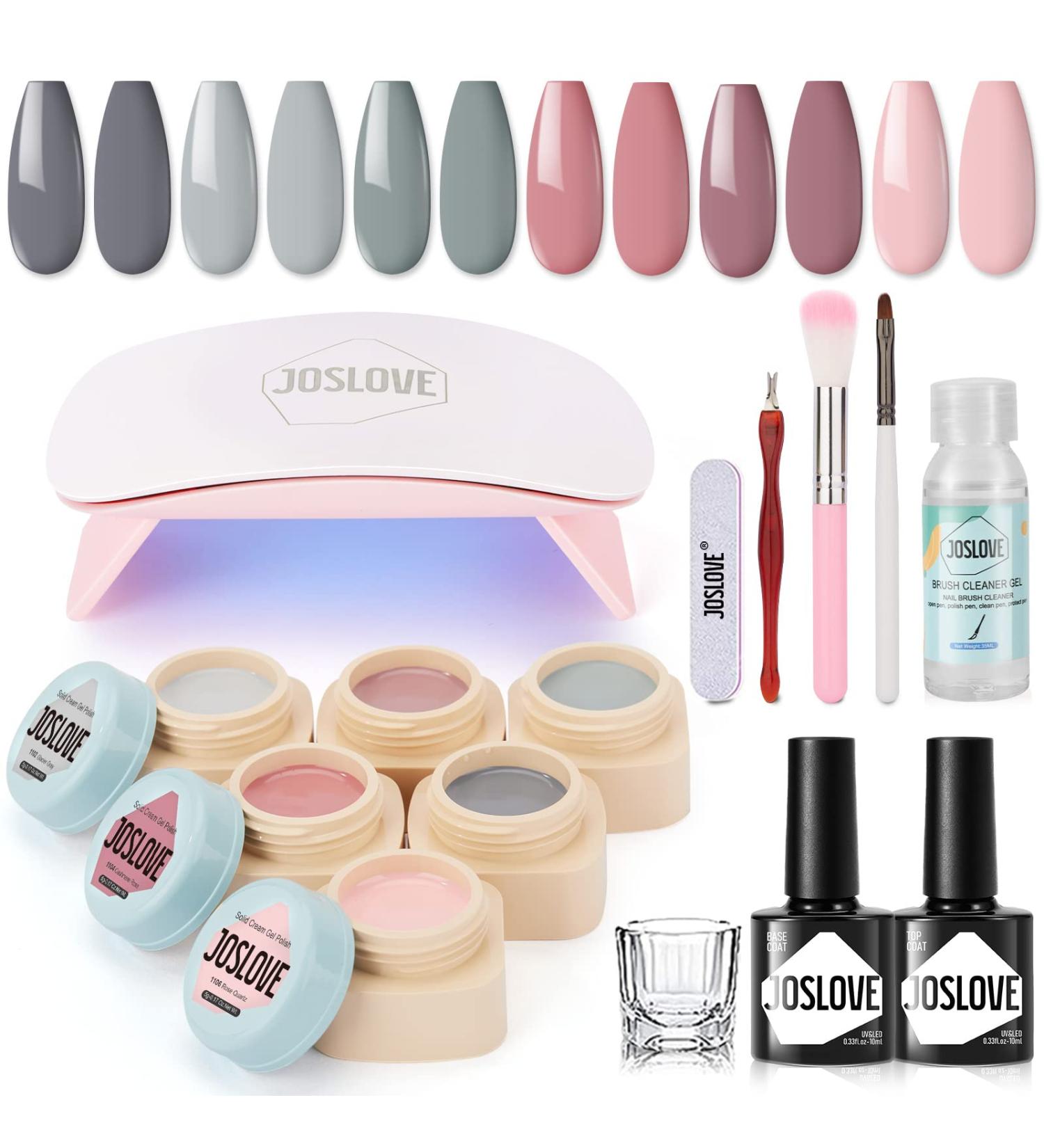 JOSLOVE Solid Gel Polish Kit with UV Light - 6 Colors Nude Gray Pink Set | Soak Off Nail Lamp with Base Top Coat | All In One Gel Nail Polish Set - Ideal Gift for Women | B-Gray - Buy Online on SooperMarket.com