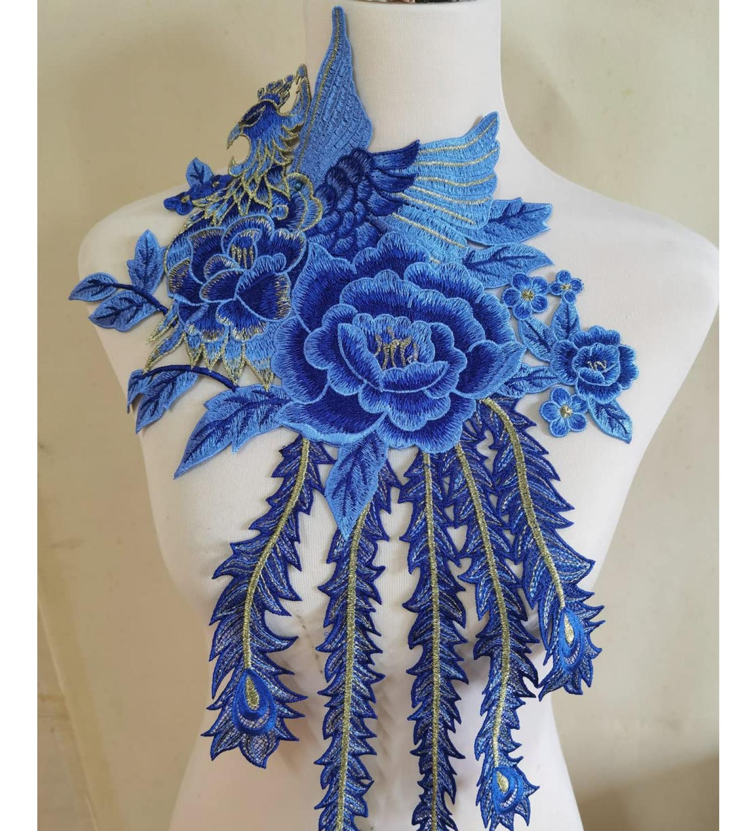 Peacock Flower Embroidered Lace Neckline Collar | Warm Tones Floral Brown Leaf Applique | Sewing Applique Patches | ZALALAA (Blue C) - Buy Online on SooperMarket.com