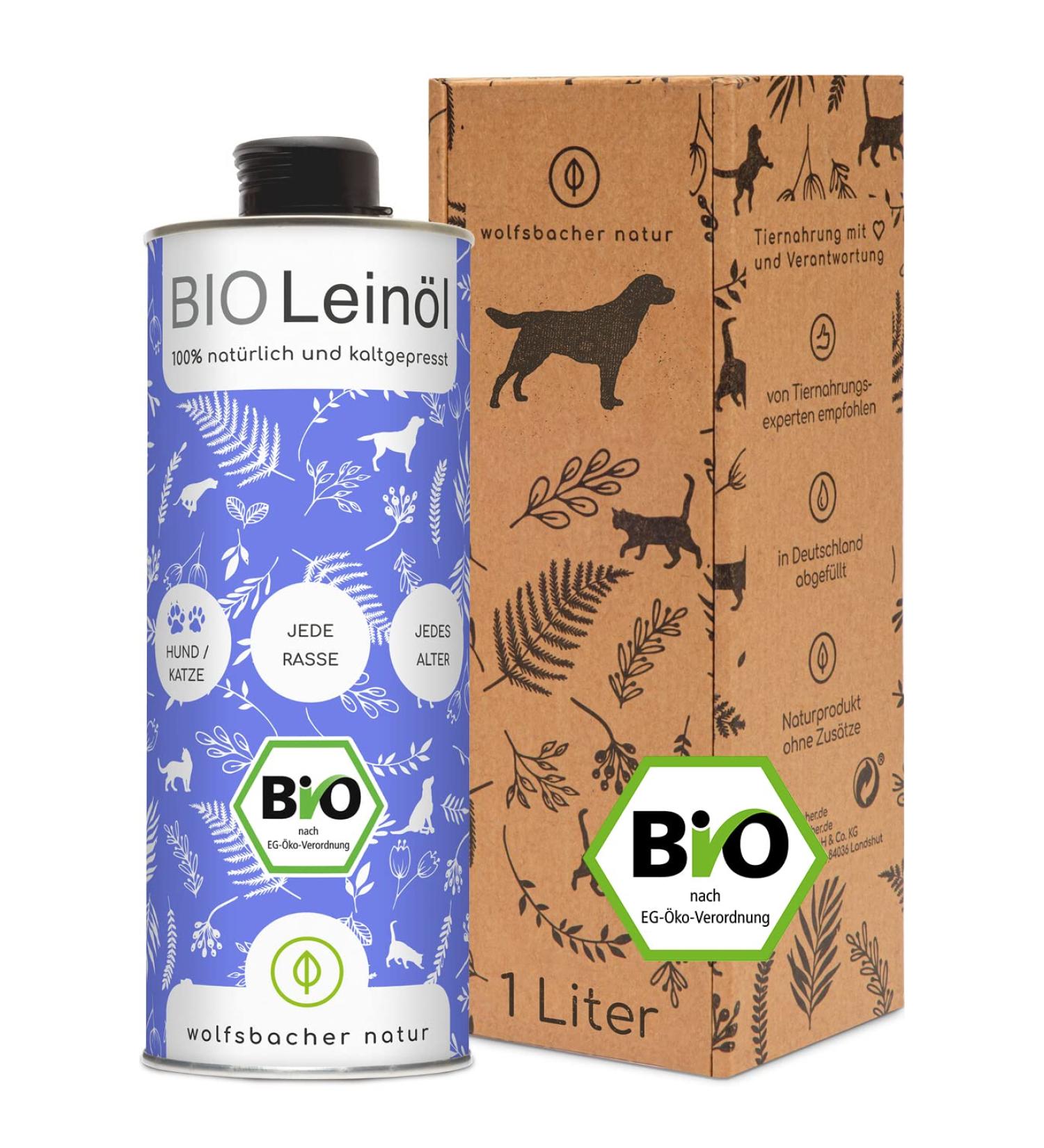 Wolfsbach Organic Linseed Oil for Dogs & Cats - 1L Cold Pressed Omega 3 & 6 - 100% Organic from Germany | BARF & Feed Oil - Buy Online on SooperMarket.com