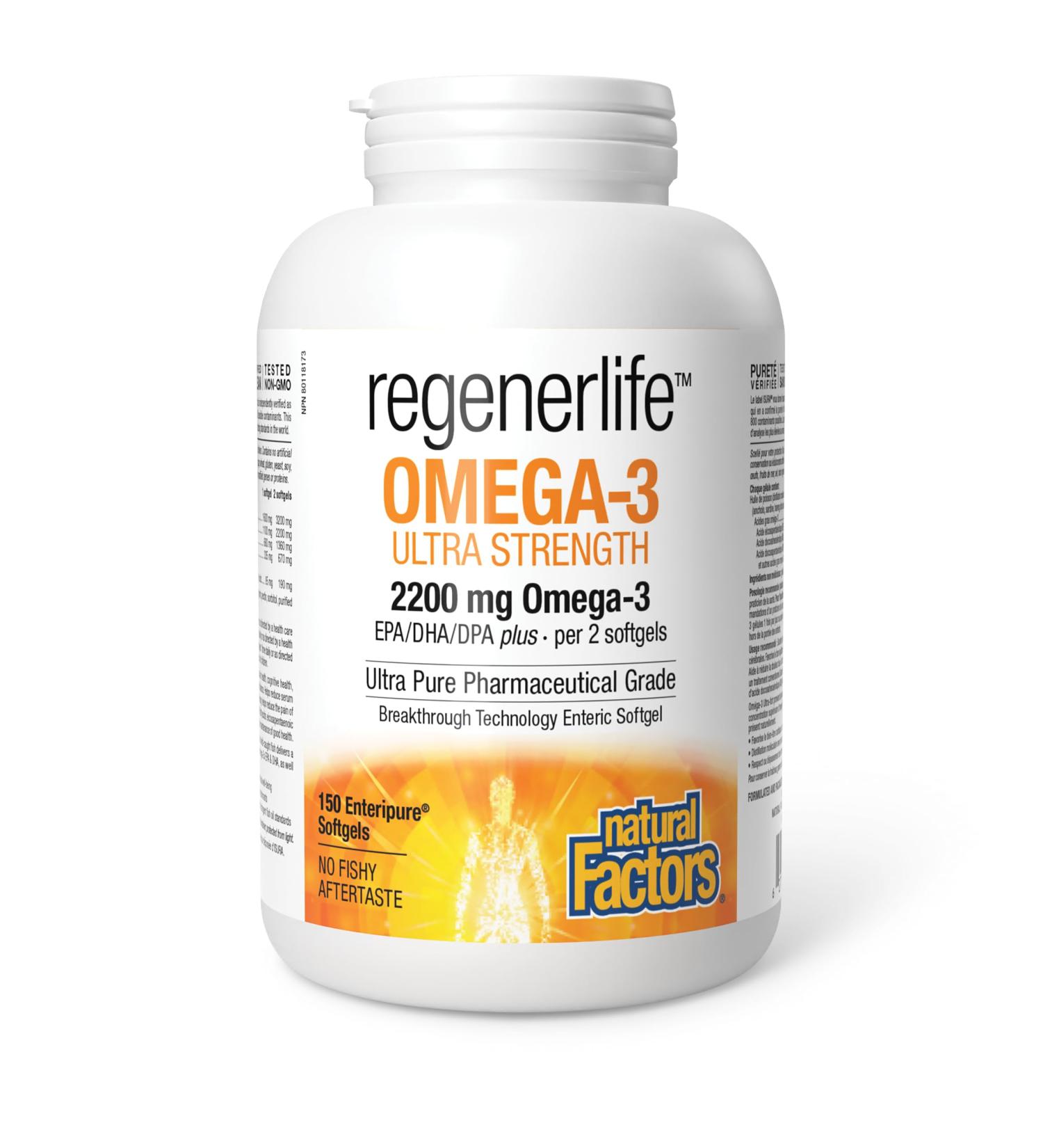 Natural Factors Regenerlife Omega-3 Ultra Strength 150 Enteripure Softgels High-potency Omega-3 with EPA DHA and DPA for Cardio and Cognitive Support No Fishy Aftertaste - Buy Online on SooperMarket.com
