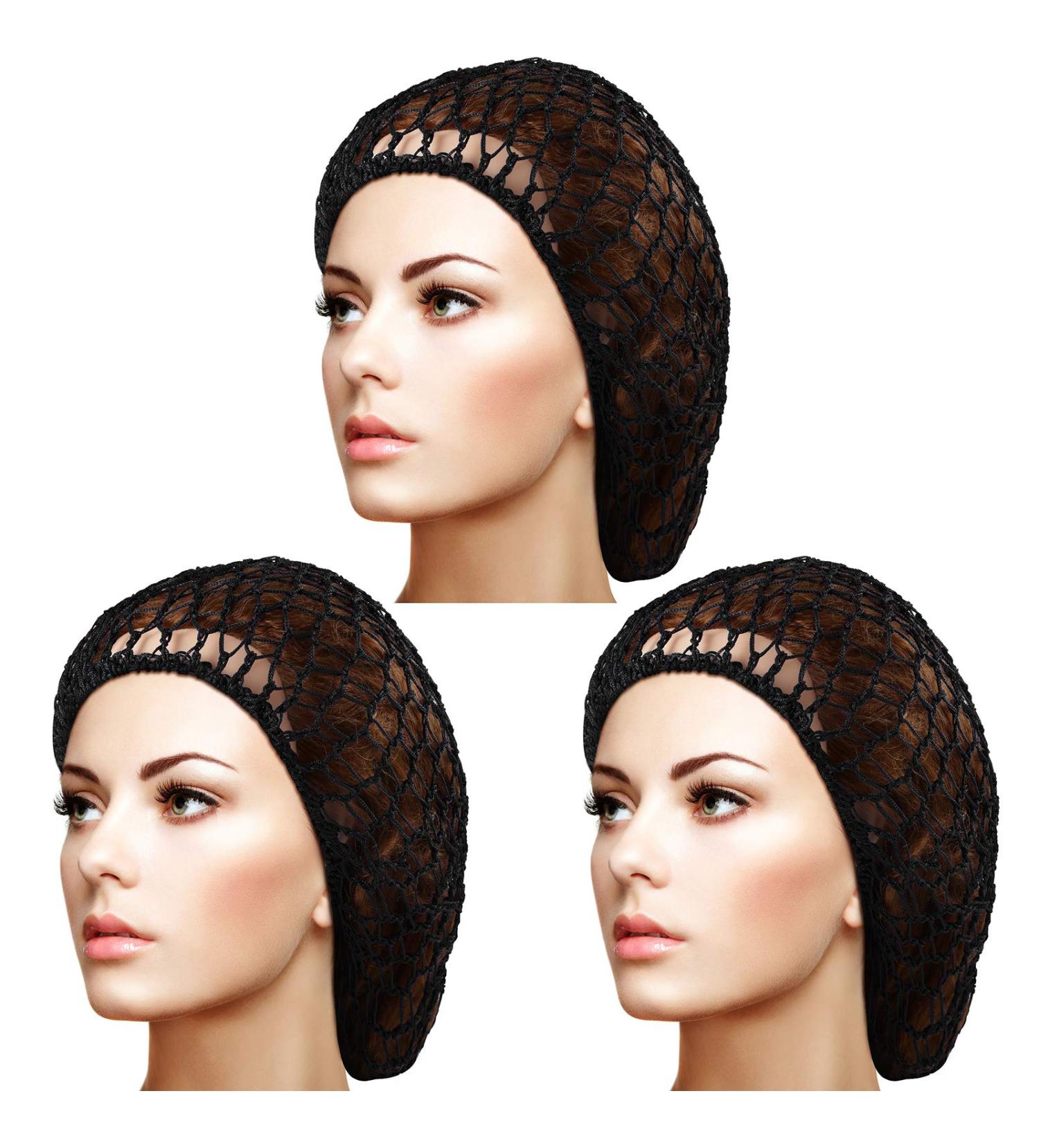 3-Piece Black Mesh Hair Net Set - Rayon Crochet Hair Nets, Knit Snood Hat, Crocheted Sleep Cap - Buy Online on SooperMarket.com