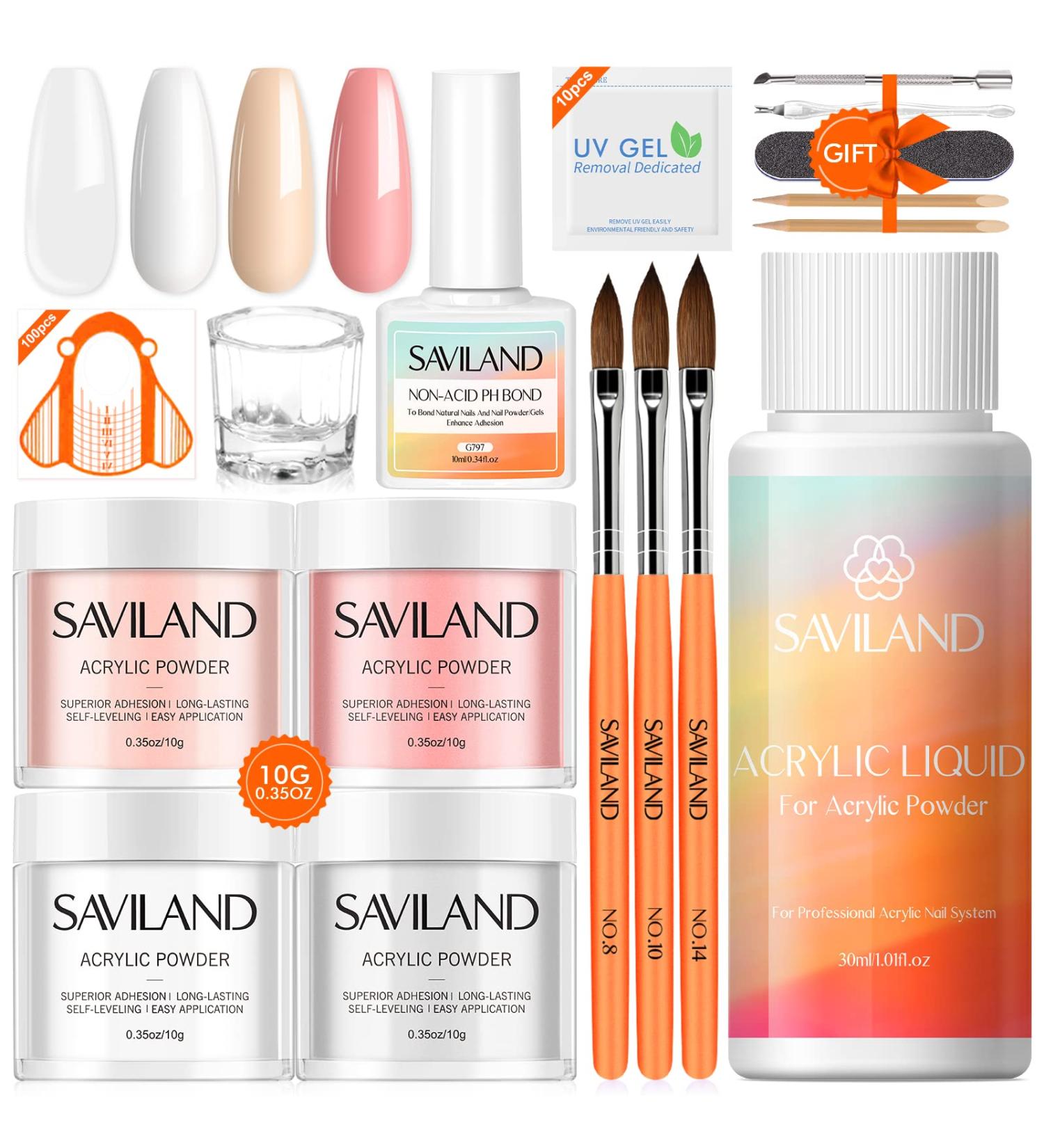 Saviland Acrylic Nail Kit - 4PCS Clear/White/Pink/Nudes Powder and Liquid Set for Nail Extension - Non-Acid PH Bond, Brush, Dappen Dish - Perfect for Beginners DIY - Buy Online on SooperMarket.com