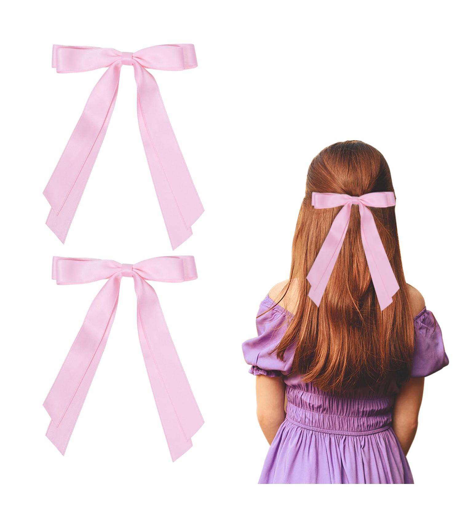 2 Pack Hair Bows for Women Pink Bow Hair Clips French Barrette with Long Silky Satin Hair Ribbons for Women Girls(Light Pink) - Buy Online on SooperMarket.com