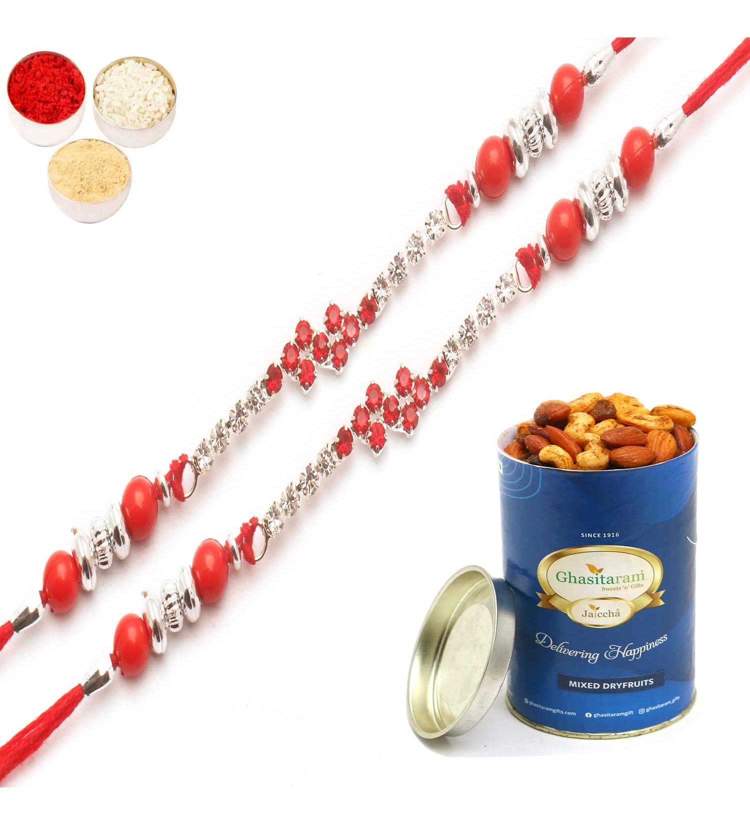 Ghasitaram Gifts Rakhi for Brother Rakhis Online - Set of 2-333 Diamond Rakhi with 100 GMS of Dryfruits Mix Can 2 Rakhi with 100 gms of Dryfruits Mix Can - Buy Online on SooperMarket.com