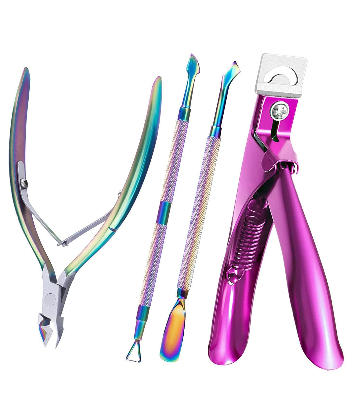 Melodysusie 4-in-1 Acrylic Nail Clippers Set - Stainless Steel Nail Tip Cutter, Cuticle Trimmer & More | Rainbow Purple Nail Art Kit - Buy Online on SooperMarket.com