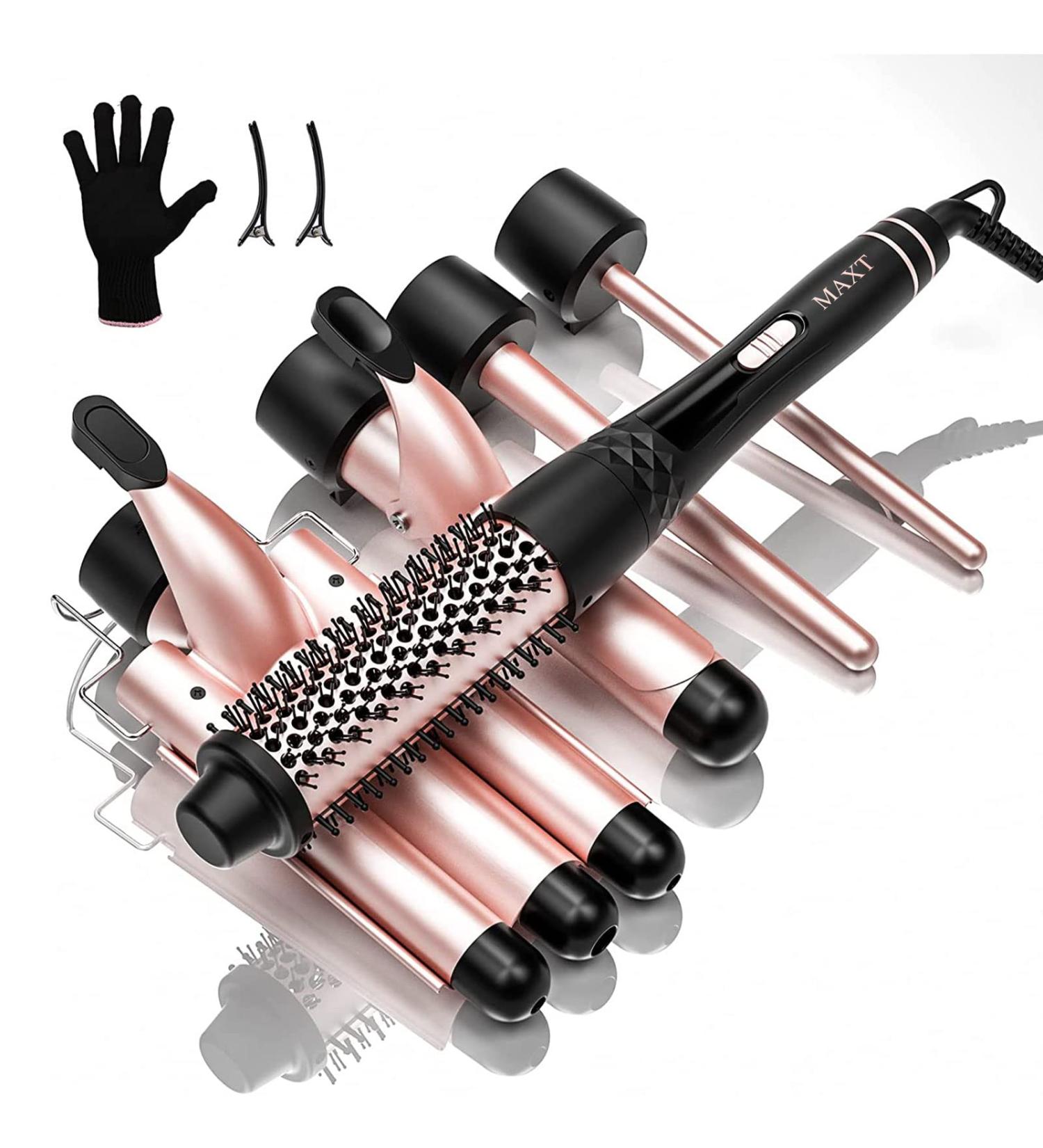 8-in-1 Beach Wave Curling Iron Wand Set for Long and Short Hair - 30s Heat-up, 5 Ceramic Barrels, 2 Heat Settings - Rosa Gold - Buy Online on SooperMarket.com