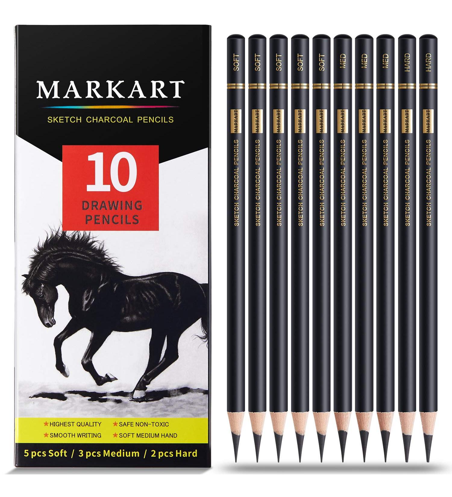 MARKART 10-Piece Charcoal Drawing Set for Beginners & Artists - Soft, Medium, and Hard Pencils for Sketching and Shading - Buy Online on SooperMarket.com