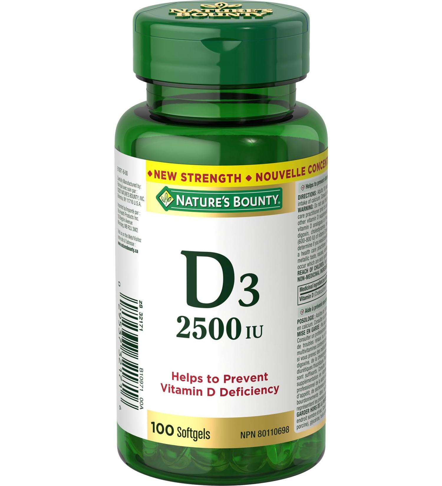Nature's Bounty Vitamin D3 2500 IU Helps to prevent Vitamin D deficiency 100 Softgels - Buy Online on SooperMarket.com