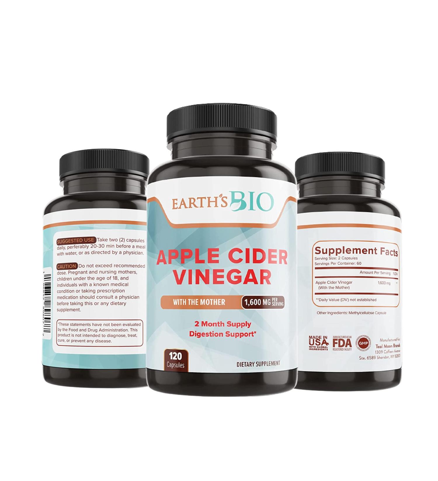 Earth's Bio 1600mg Apple Cider Vinegar with Mother - 120 Vegan Capsules | Supports Weight Loss, Digestion & Immune System | 2 Month Supply - Buy Online on SooperMarket.com