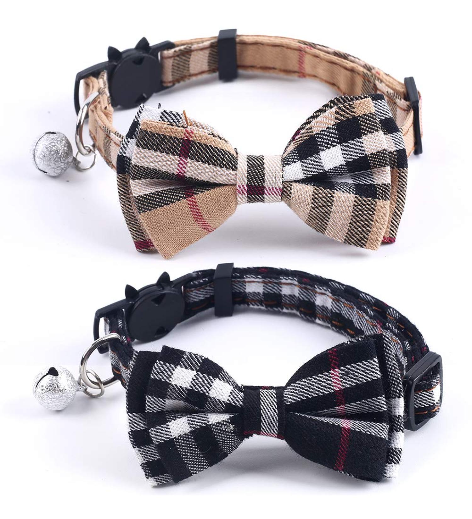 SuperBuddy Cute Bow Bell Cat Collar - 2 Pack Plaid Kitten Collar with Removable Bowtie for Cats Kittens - Brown-Black - Buy Online on SooperMarket.com
