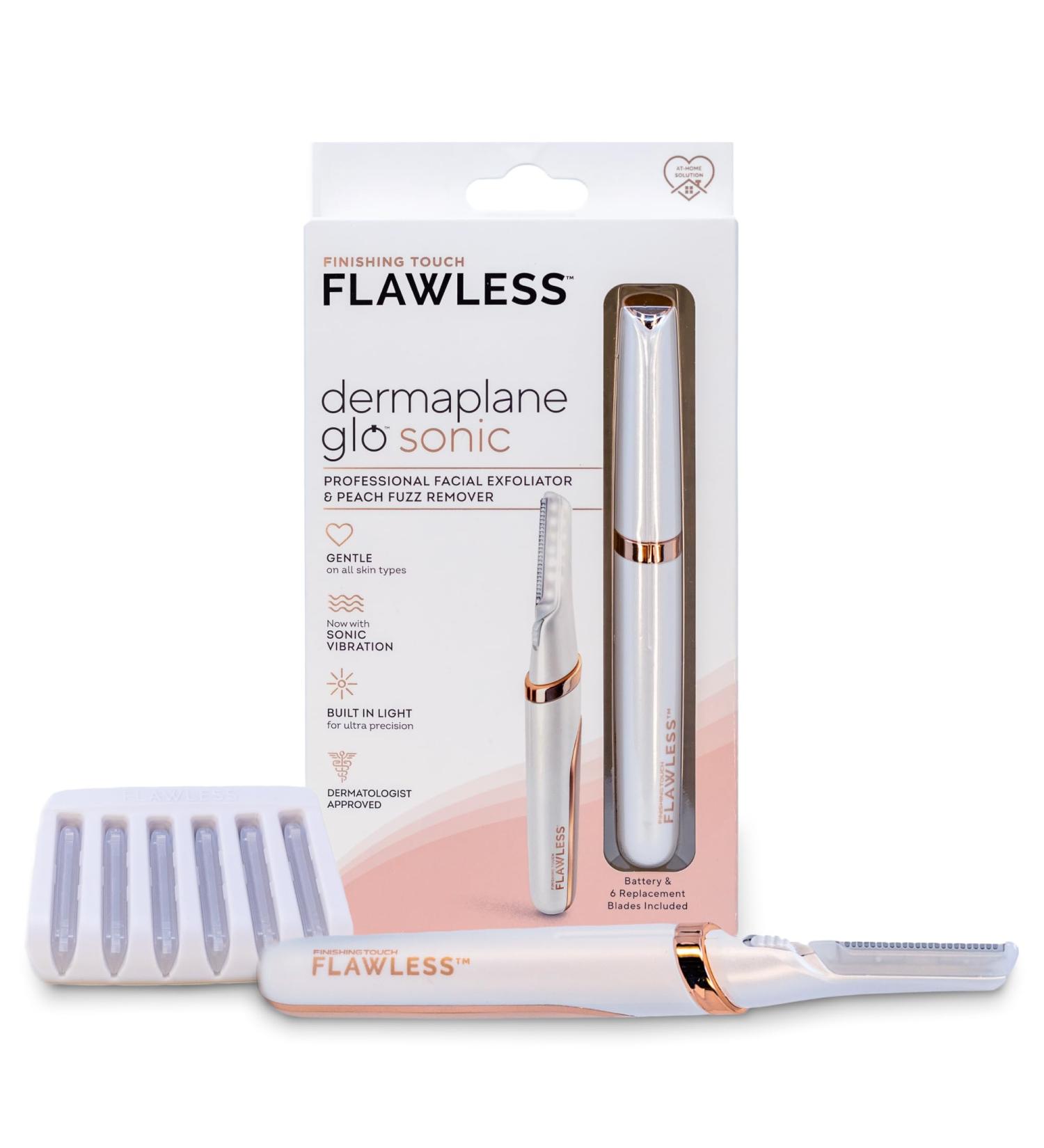 Buy Finishing Touch Flawless Dermaplane Glo - Sonic Lighted Exfoliator & Razor for Facial Hair Removal | 6 Replacement Heads | International Shipping Available - Buy Online on SooperMarket.com
