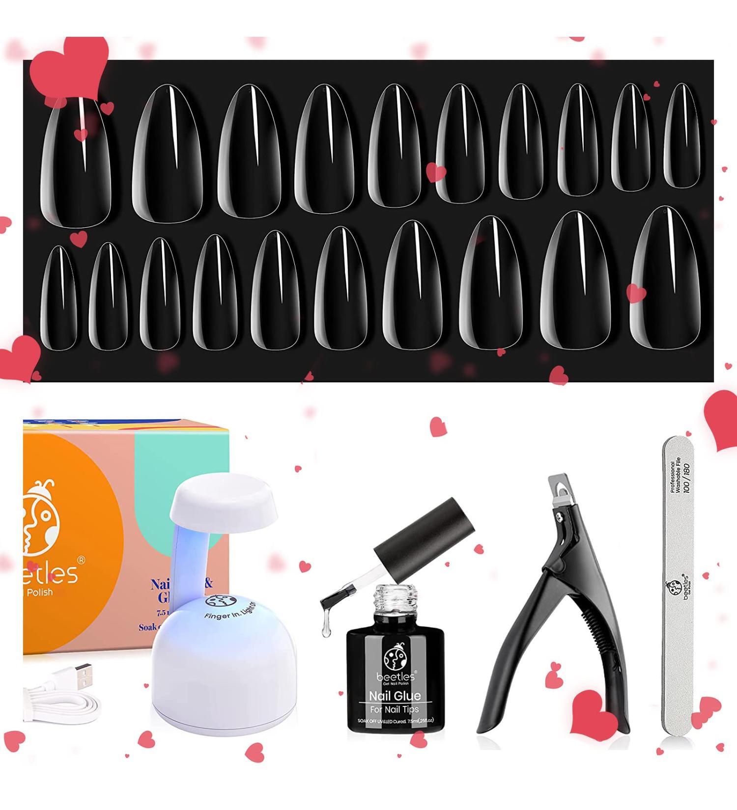 Beetles Easy Gel Tips Nail Extension Kit 2 In 1 Nail Glue Gel Base Coat with Pre-shaped Medium Almond Nails and U V LED Nail Lamp Acrylic Nail Clipper for Gel Art Polish DIY Manicure A-Medium Almond 08