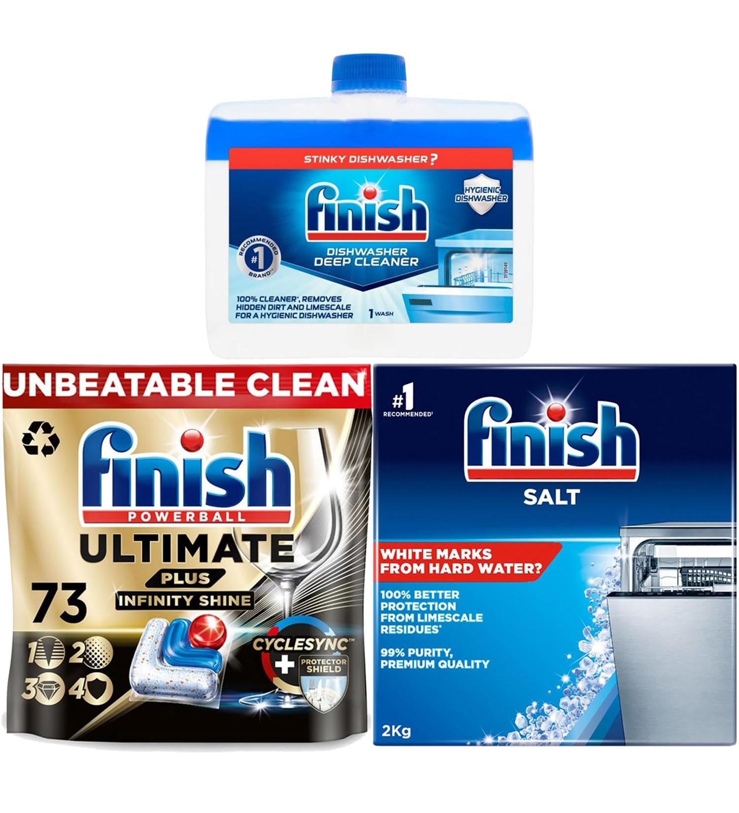 Bundle of Finish Ultimate Plus Infinity Shine Dishwasher 73 Tablets Bundle 1 x Dishwasher Cleaner 1 x Dishwasher Salt 2kg - Buy Online on SooperMarket.com