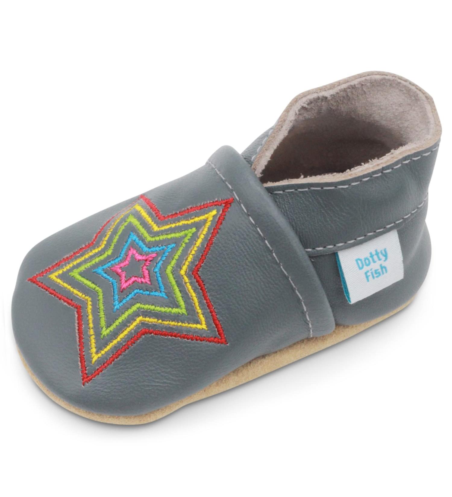 Dotty Fish Soft Leather Baby Shoes | Boys Toddler Shoes with Non-Slip Suede Soles | Grey Rainbow Star | Sizes 0-6 Months to 4-5 Years - Buy Online on SooperMarket.com