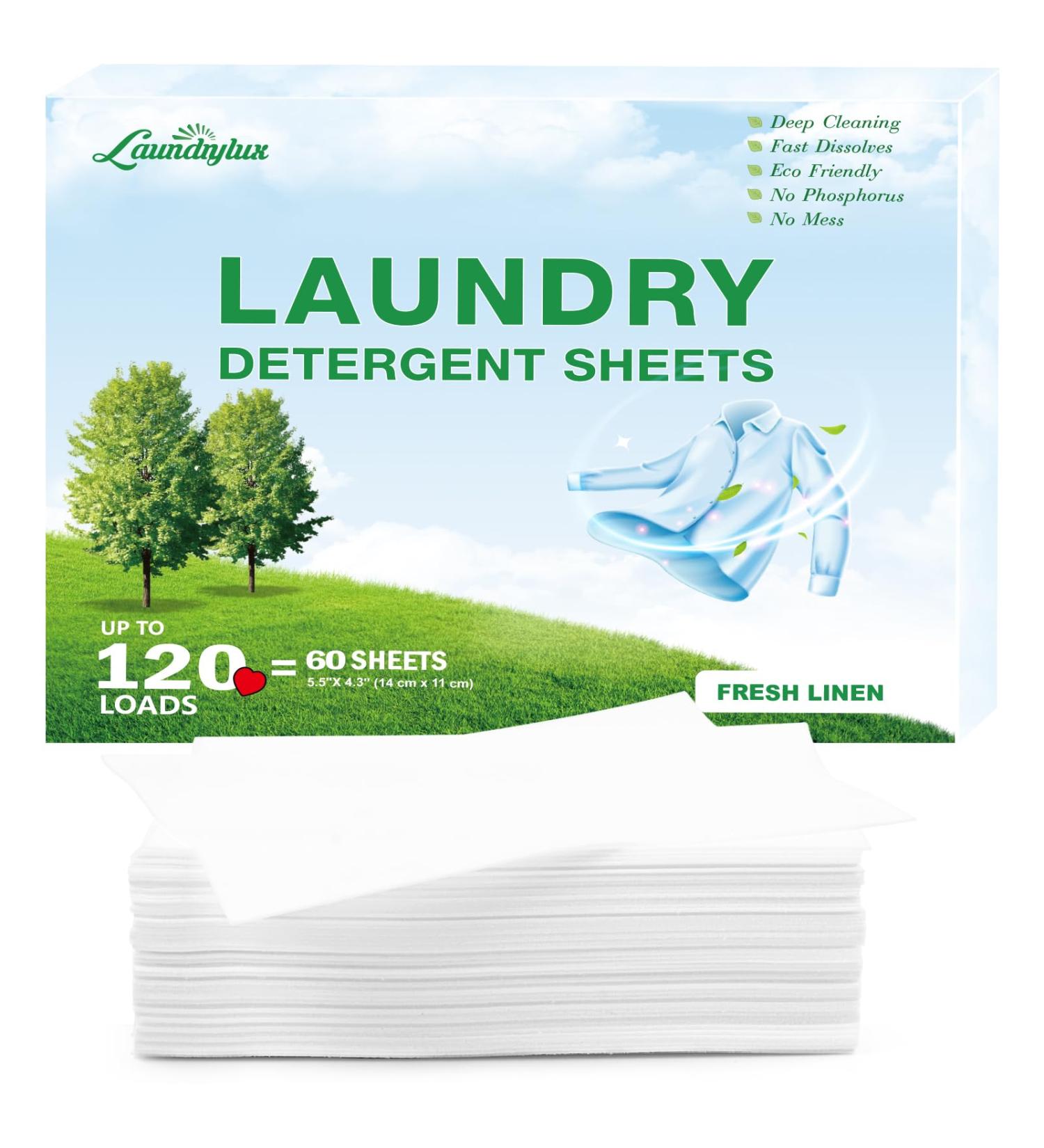 Eco-Friendly Laundry Detergent Sheets - Hypoallergenic Ultra-Concentrated Travel-Ready | Natural Fresh Linen Scent (120 Loads 60 Sheets - Buy Online on SooperMarket.com