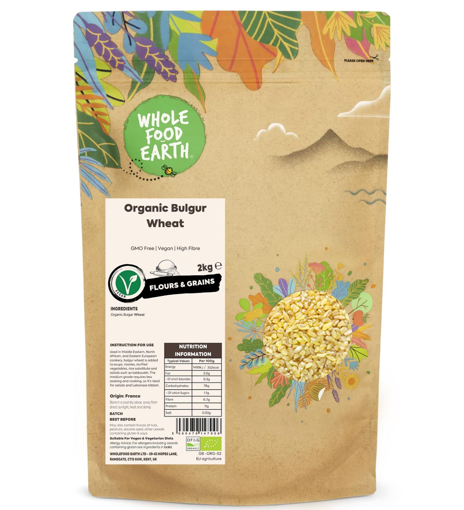 Wholefood Earth Organic Bulgur Wheat 2kg - GMO Free, Vegan, High Fibre | Certified Organic - Buy Online on SooperMarket.com