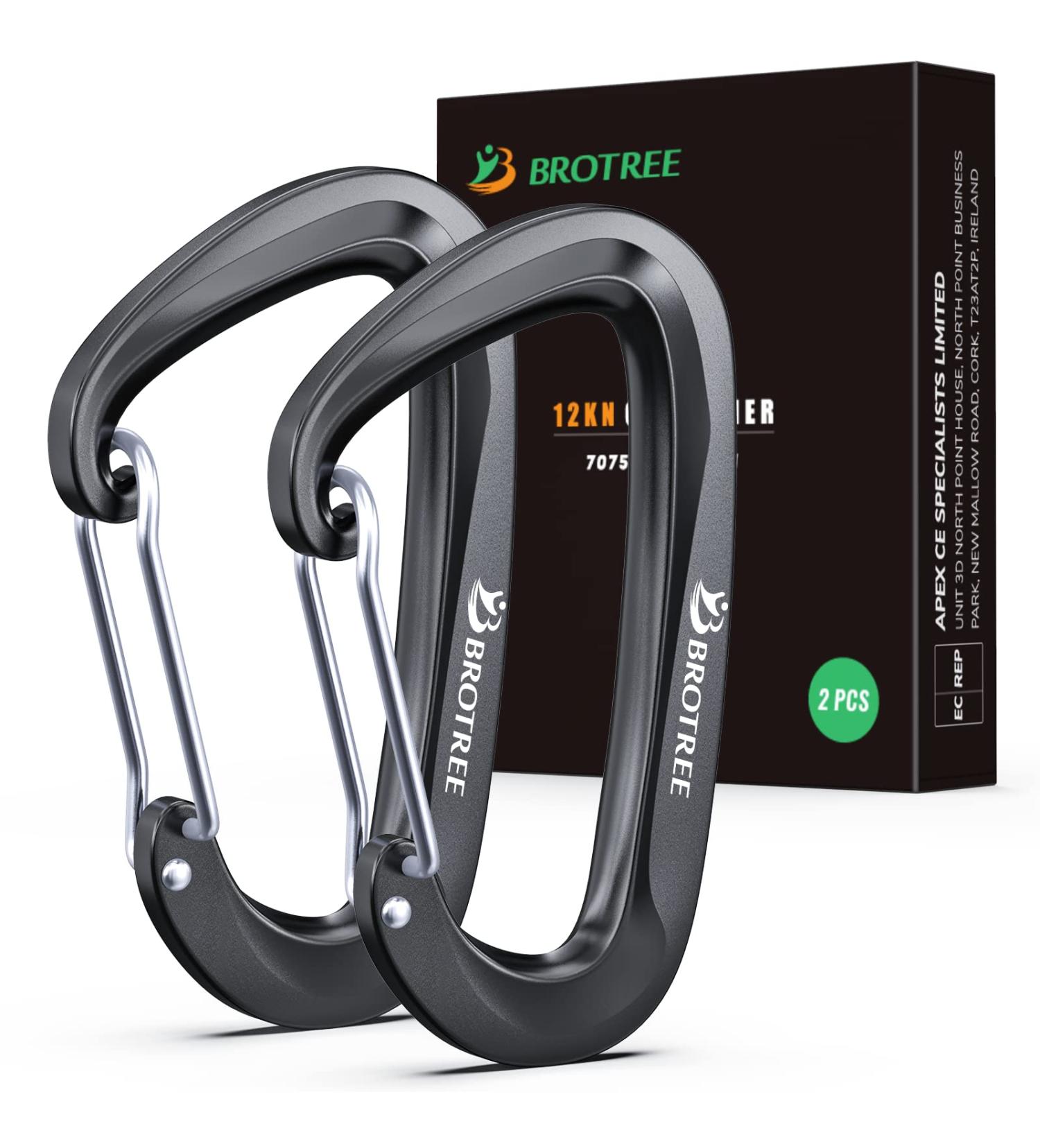 Brotree Carabiner Hooks - 1200kg Heavy-Duty Screw Lock Perfect for Hiking Camping & Fishing - 2 Black Wire Gate Key Rings - Buy Online on SooperMarket.com