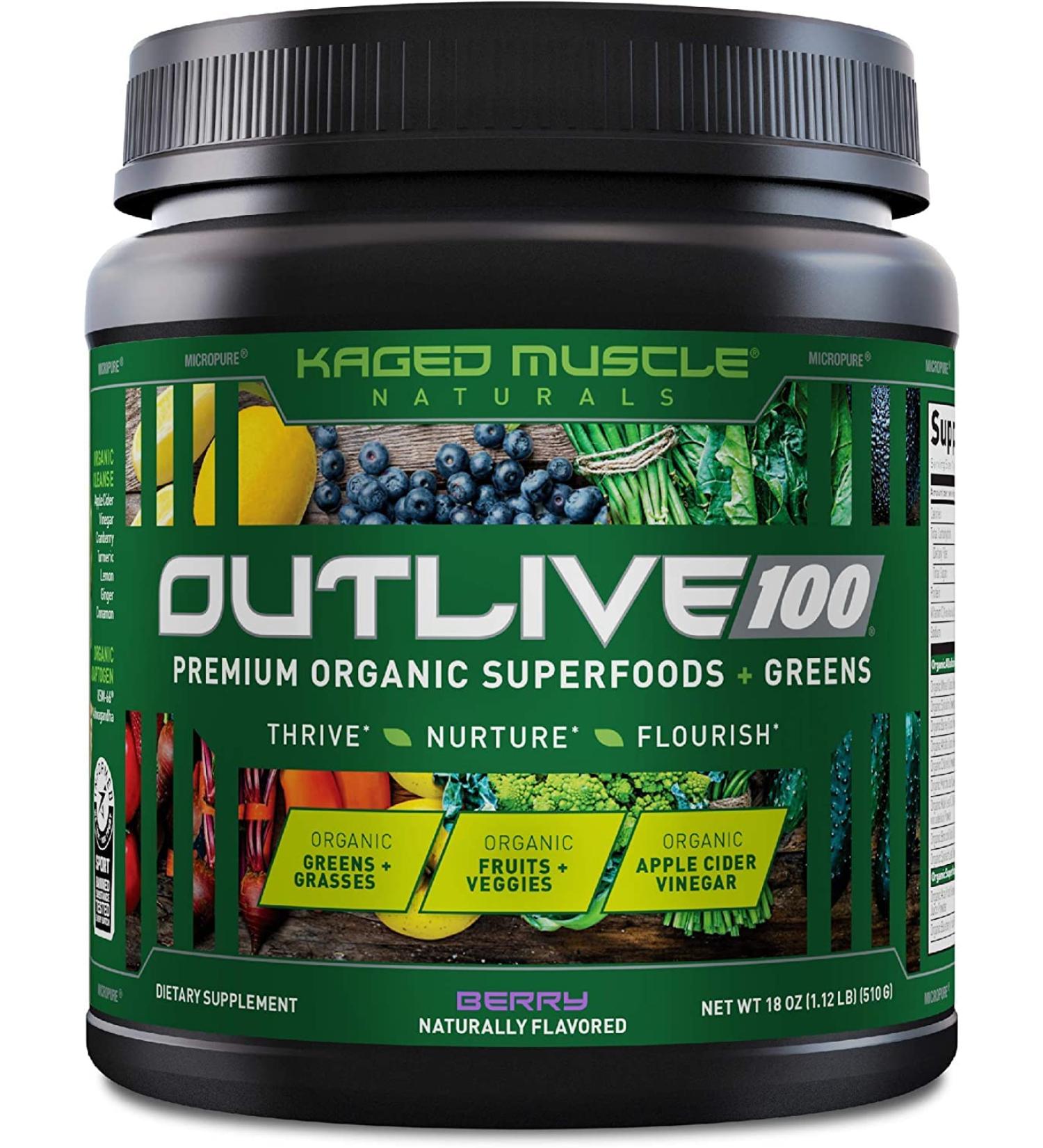 Kaged Muscle Outlive 100 Organic Superfoods & Greens Powder with ACV, Antioxidants, Adaptogen, Prebiotics - Berry 30 Servings | 1.12lb - Buy Online on SooperMarket.com