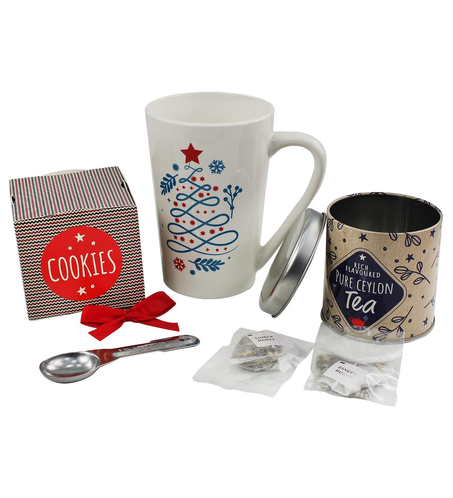 4 Piece Christmas Hot Chocolate Mug Marshmallow Cookie Tea Secret Santa Gift Set (Blue Ceylon Tea Set)
