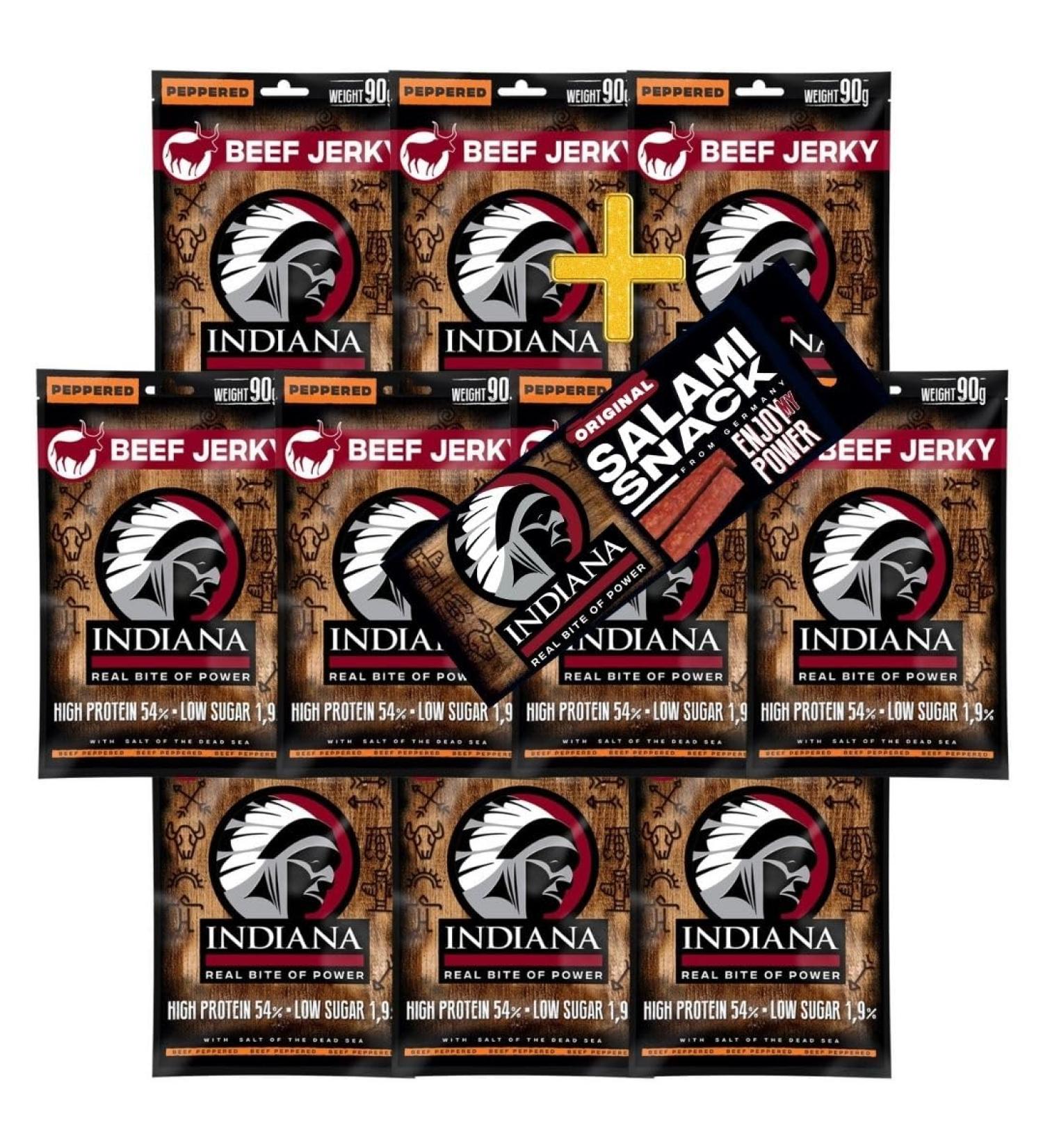 Indiana Beef Jerky - High Protein No Added Sugar 18g Salami Snack | Dried Meat (10 x 90g Peppered) - Buy Online on SooperMarket.com