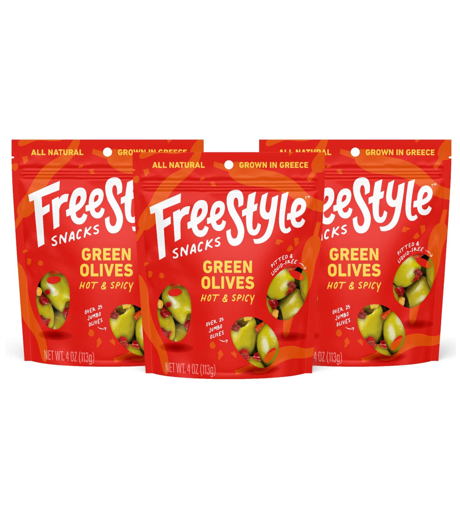 Freestyle Snacks Jumbo Green Olives - Grown in Greece, All Natural, Non-GMO, Paleo & Keto Friendly, Hot & Spicy Salty Snack, 4oz (3 Pack) - Buy Online on SooperMarket.com