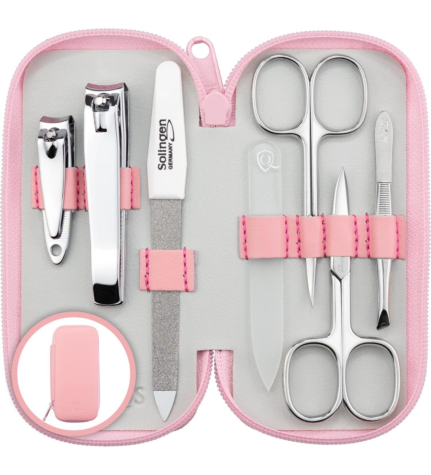 Marqus 7-Piece Manicure Set for Men & Women - Solingen Quality Patented Glass Files Real Leather Etui - Soft & Handy - Pink - Buy Online on SooperMarket.com