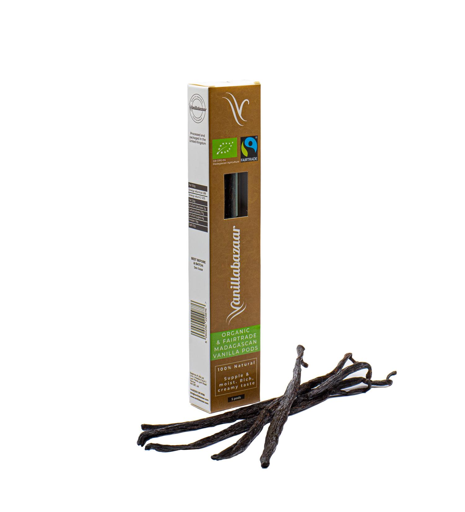 Vanillabazaar Grade A Organic & Fairtrade Madagascan Vanilla Pods - 5 Bourbon Premium Beans in Resealable Tube for Chefs & Baking - Buy Online on SooperMarket.com
