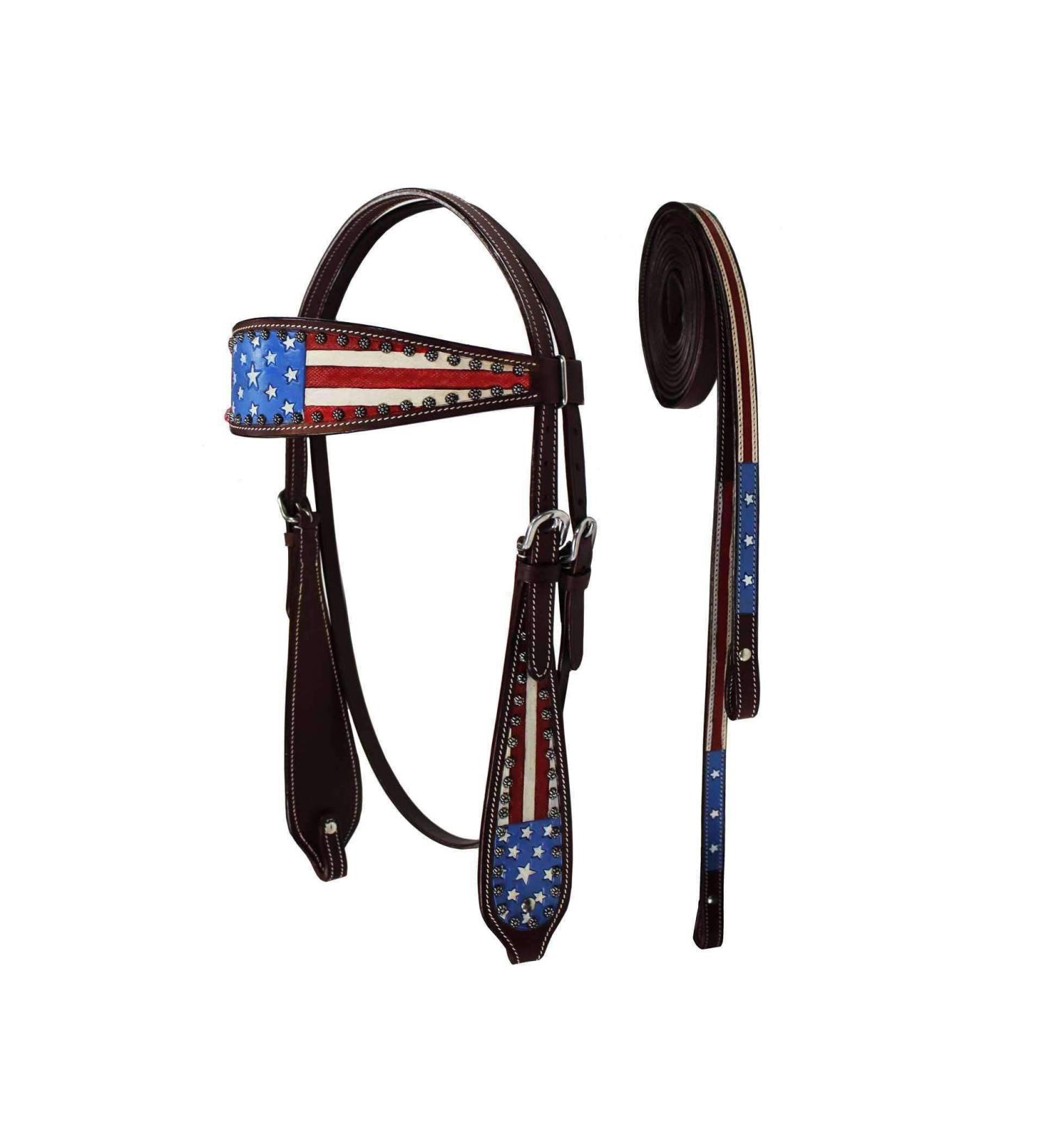 Patriotic American Flag Western Browband Headstall with Reins - Full Size - Buy Online on SooperMarket.com