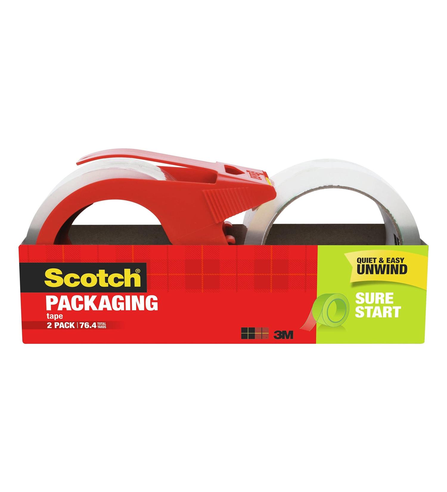 Scotch Sure Start Packaging Tape  1.88" x 38.2 yd  Designed for Packing  Shipping and Mailing  Smooth and Quiet Unwind  3" Core  Clear  2 Rolls w/1 Dispenser (3450S-2-1RD) - Buy Online on SooperMarket.com