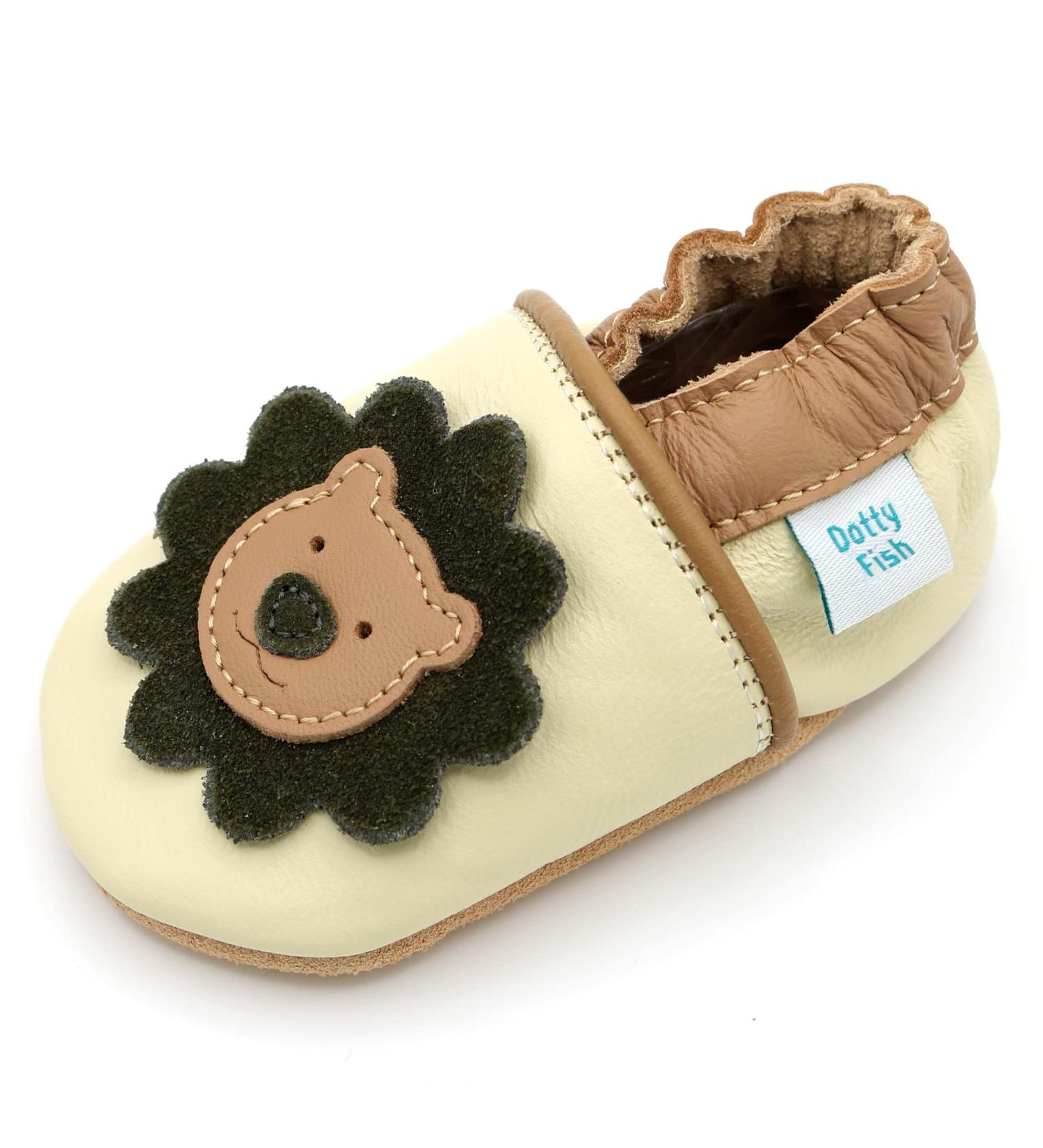 Dotty Fish Soft Leather Toddler Shoes | Non Slip Animal Designs for Boys & Girls | Cream & Brown Lion | 2-3 Years - Buy Online on SooperMarket.com