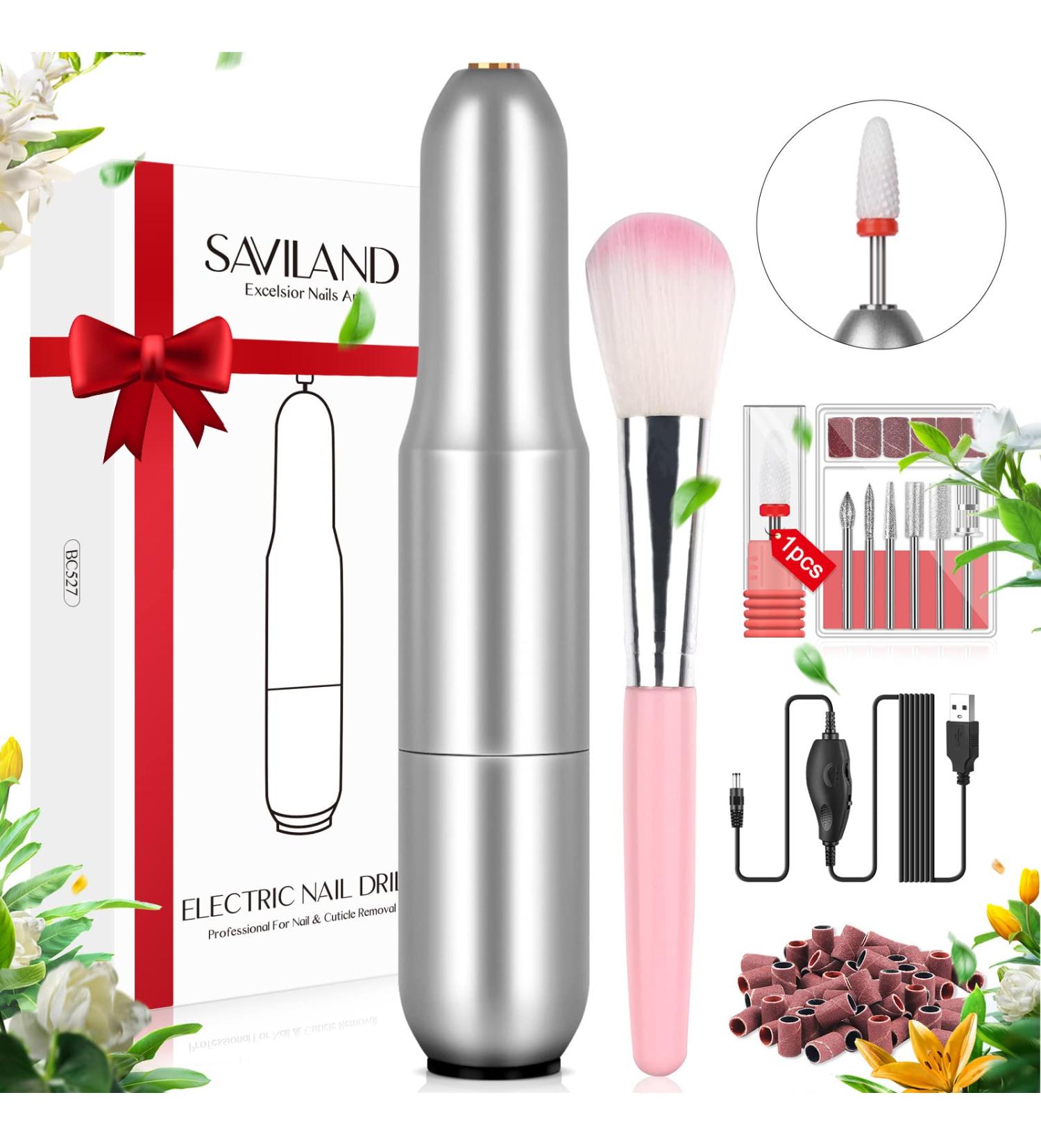 Saviland Portable Electric Nail Drill Machine - 20000 RPM USB Nail File Kit for Manicure Home Salon Use - Includes 7 Nail Drill Bits and 51 Sanding Bands - Silvery - Buy Online on SooperMarket.com