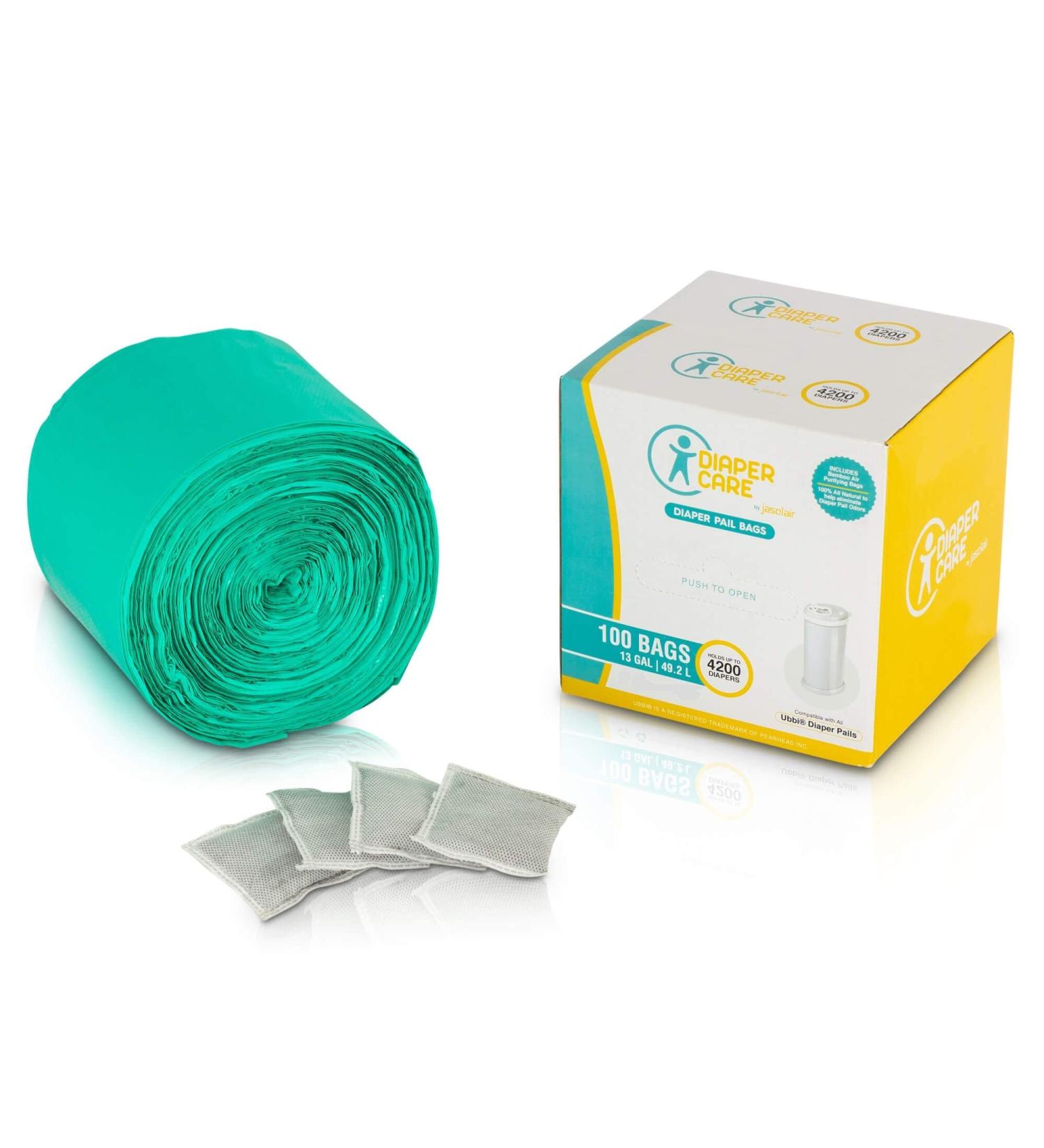 Jasclair Diaper Pail Bags (100 Count) - Compatible with Ubbi Pails - Heavy Duty Trash Bags with Bamboo Charcoal - Odor Fighting Garbage Bags - Buy Online on SooperMarket.com