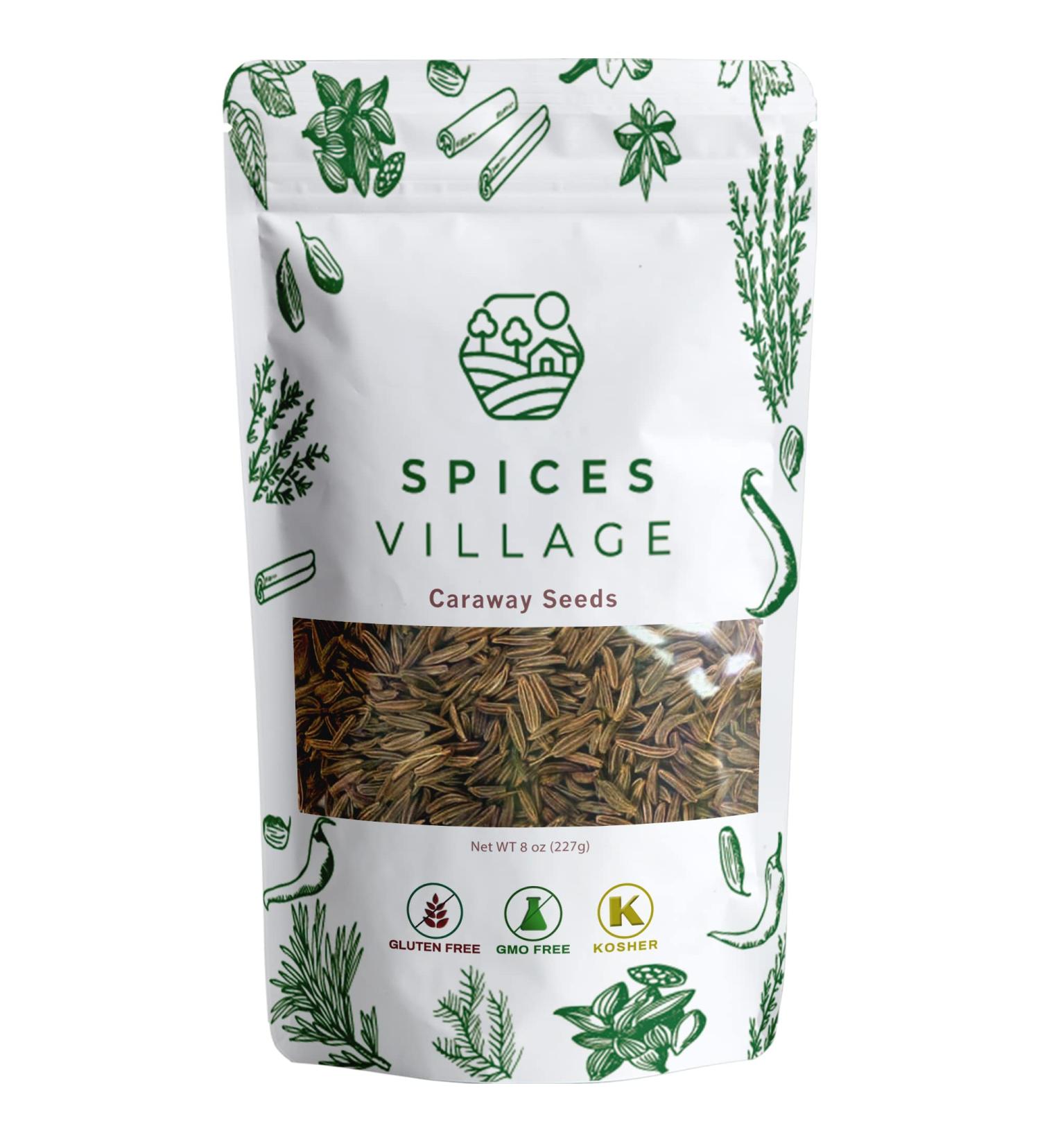 SPICES VILLAGE Caraway Seeds 8 Oz - Kosher Certified, All Natural, Gluten Free, Non GMO - Ideal for Cooking, Baking, Rye Bread, Harissa Seasoning - Resealable Bulk Bag - Buy Online on SooperMarket.com