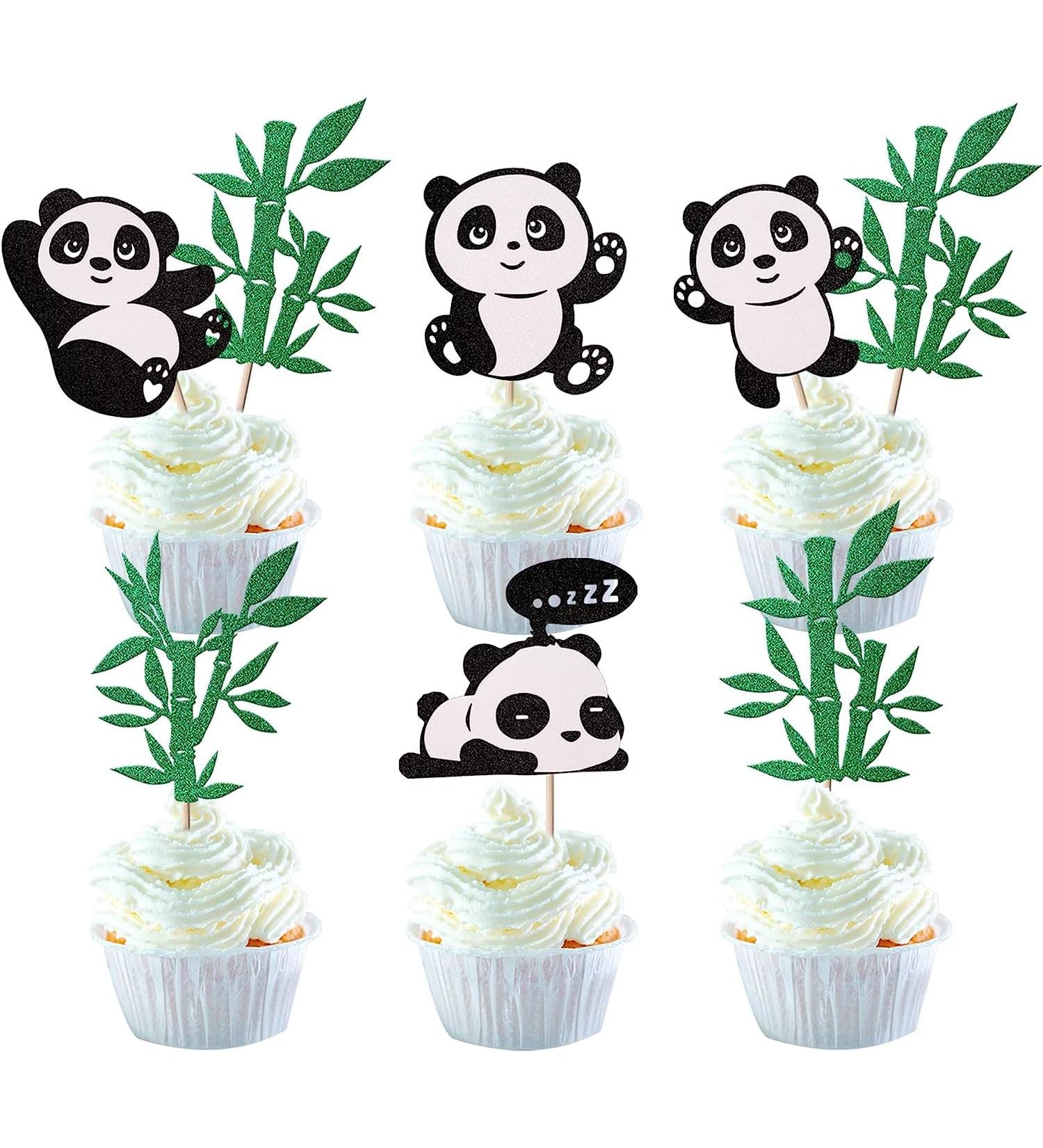 24 Panda Glitter Green Bamboo Cupcake Toppers - Cute Animal Cake Decorations for Baby Showers & Kids Birthday Parties - Buy Online on SooperMarket.com