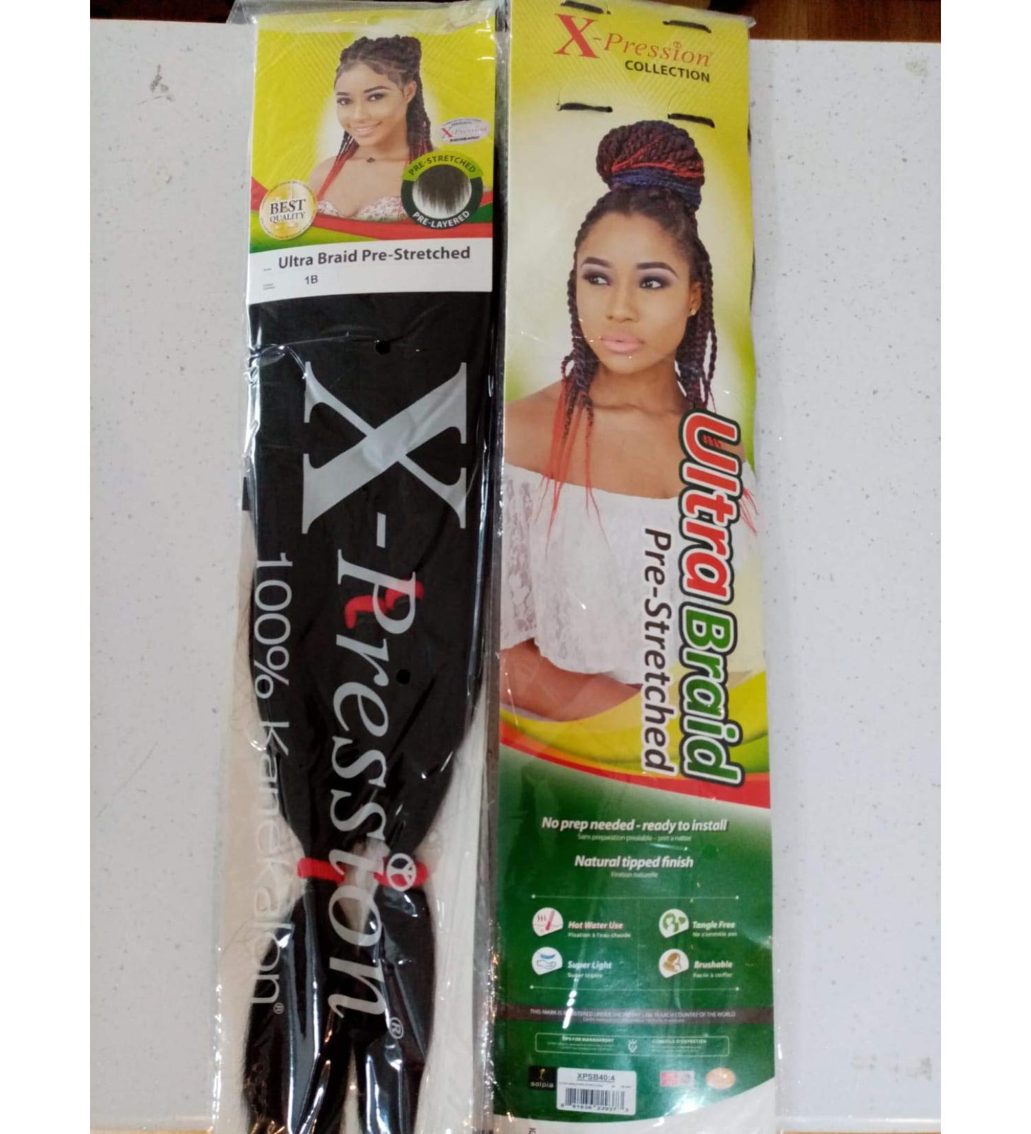 x-pression Pre-Stretched Synthetic Braiding Hair Extension Color 1B Ready To Install Sew-In 1B Hair Extension